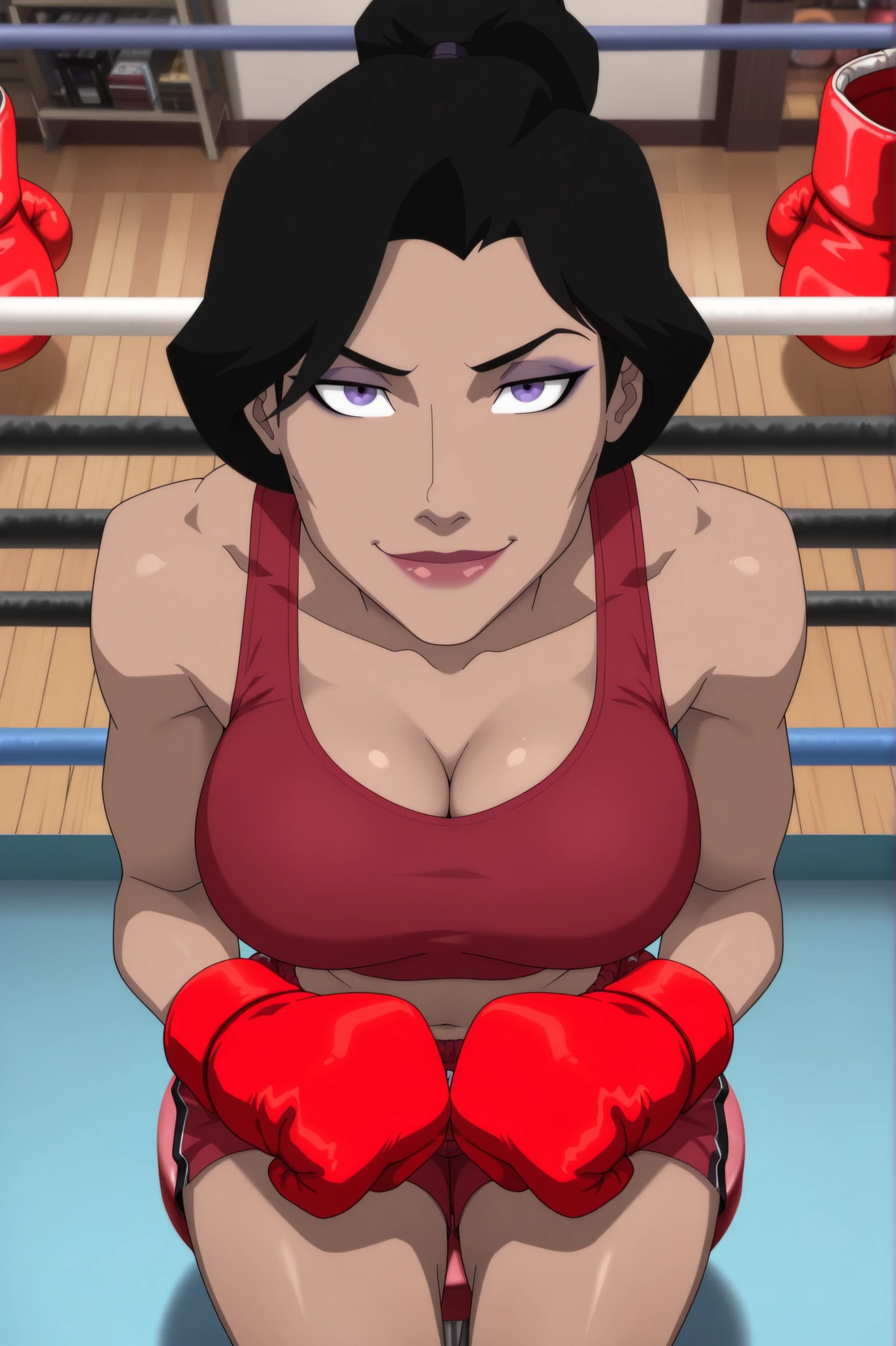 ((parody), perfect anatomy, perfect eyes) BREAK lois lane, black hair, ponytail, purple eyes, lipstick, makeup, ((looking at viewer)), very large breasts, busty, cleavage, curvy, athletic, red sports bra, red boxing shorts, red boxing gloves, teasing viewer, seducing viewer, boxing ring, indoors, sitting on stool, closeup, portrait, smiling, seductive expression, bedroom eyes, upper body, portrait, closeup, high-angle view, dark purple eyeshadow, black mascara