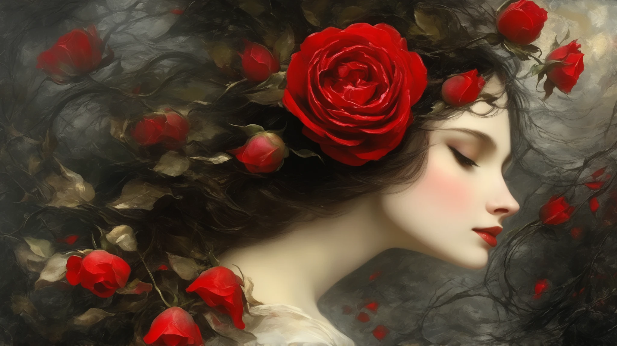 Adolph Menzel´s and Jasmine Becket-Griffith´s painting depicting A woman dressed in bright red, her dress transforms into a trail of roses, she walks through a dark and lifeless place, and where the trail of the dress touches, it becomes a stunning garden, with red rose petals flying. , dreamy mood, intricate, detailed, starlit, vivid colors, gold leaf details, floral motif, high contrast, dramatic light with patterns