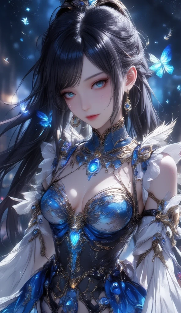 High resolution, masterpiece, high quality, HD, imagine a glass woman, Her delicate figure is like a sculpture-like work of art, Crying in the Starry Sky. The blue night enveloped her, Casting a melancholy light on her ethereal figure. Her glass body glows with bright blue hues, Every line and curve is etched with intricate detail. The glass in her eyes reflects the twinkling stars, Reflecting the infinite depth and emotion of the universe. Her sadness is beyond words, But her beautiful figure is still untarnished, Proof of the extraordinary power of emotion. This 4K glass woman is an exquisite picture of light and shadow, color, and feeling, arrive,body glow,glowing line,fluorescence,Luminous example,Tracking example,flash,萤light particles,backlight,translucent,light particles,correct human anatomy,