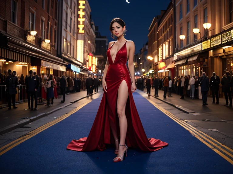 girl in a chic long red dress on the red carpet with a beautiful background