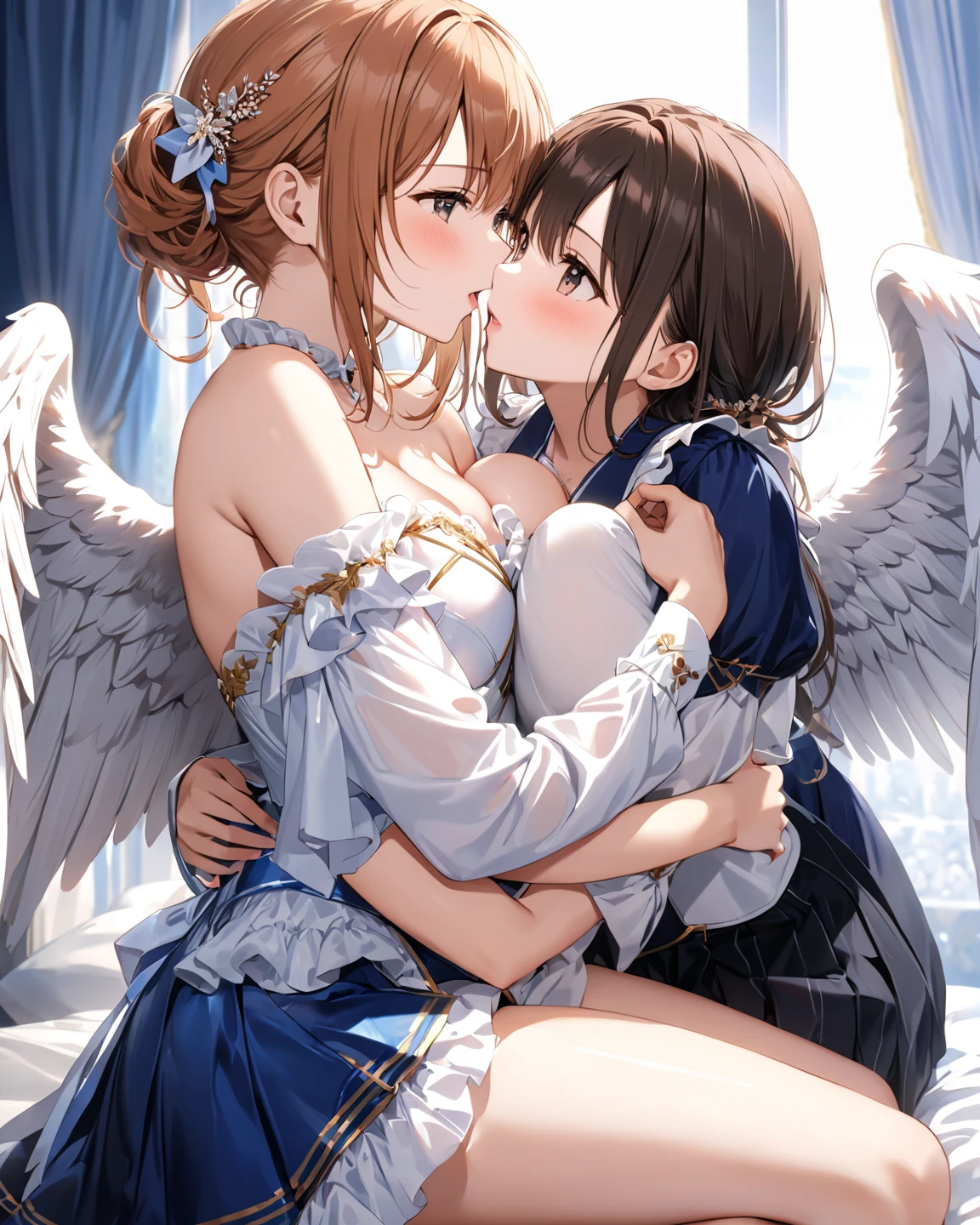 masterpiece, best quality, unity 8k wallpaper, illustration, very detailed, ((rape, sexual harassment, ache ,1 angel ,1 devil, first sound)),, sweat, Warmth, Hard, big bust ((in front of many people ))(((kiss)))