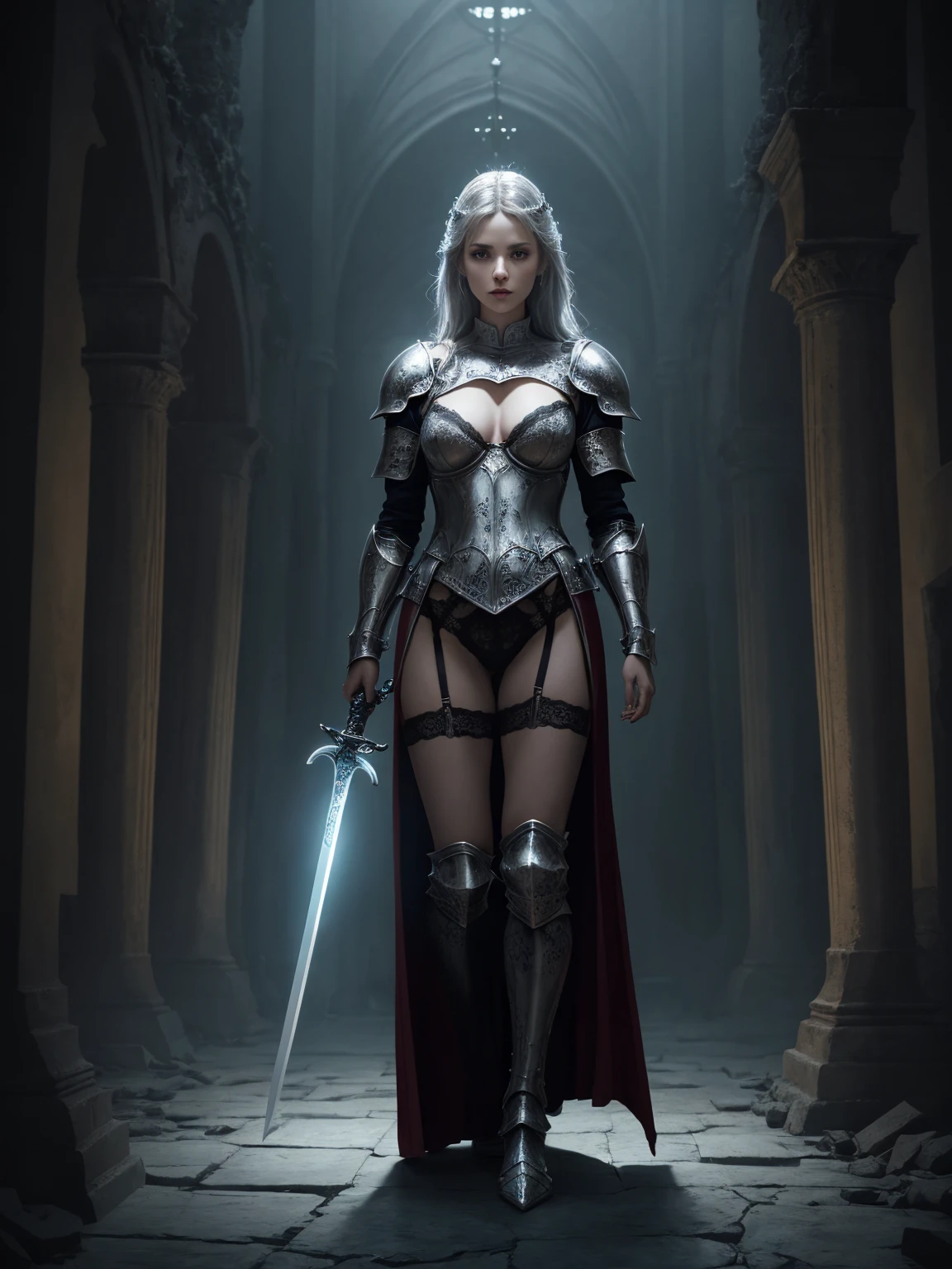 Cinematic film still of a beautiful (sister of battle), (((full body))), ((warhammer 40k)), shot of the most beautiful artwork in the world, (white hair), bob cut, cleavage!, ((wearing intricate sci fi colorful engraved armor)), cinematic lighting, very detailed face and eyes, elaborate fantasy gothic cathedral  background, (((detailed facial features))), very dark lighting, heavy shadows, detailed, detailed face, vibrant, dark, sharp focus, 8k, trending on CGSociety, Intricate, (High Detail), Sharp focus,  art by EMB_skstest3, Style-Glass