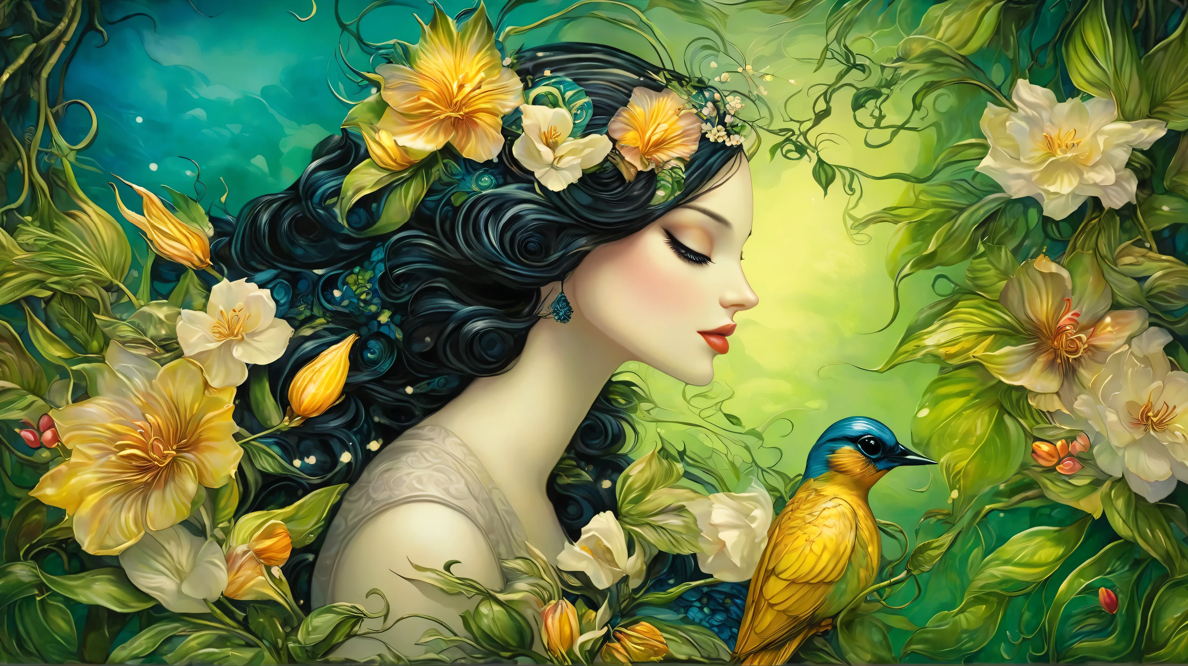 Jasmine Becket-Griffith´s painting depicting a woman, tropical paradise, birds, fruits, flowers, tropical colors , dreamy mood, intricate, detailed, starlit, vivid colors, floral motif, high contrast, dramatic light with patterns