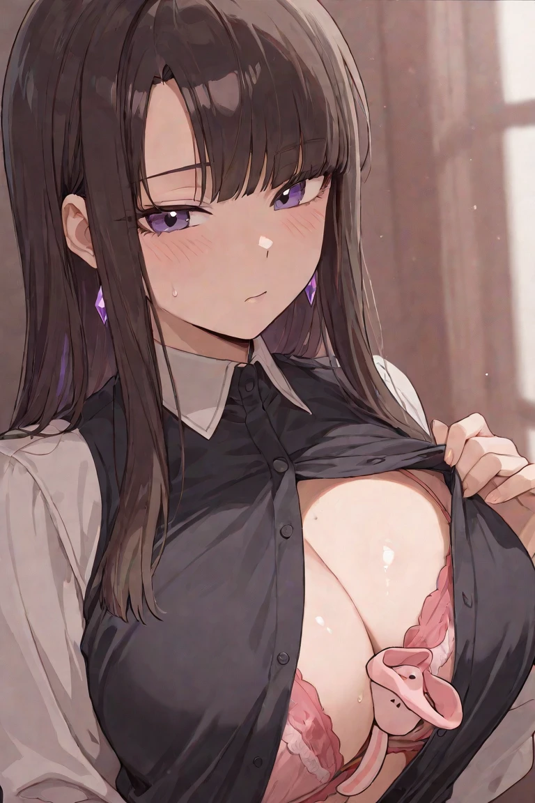 girl, Jewelry,teenager, Looking at the viewer, Room, Dark purple hair, a short bob, Big breasts,Sweat, Gal, Undressing bra, Purple eyes, Big breasts,are visible、 are visible ,Smiling,fullnude
