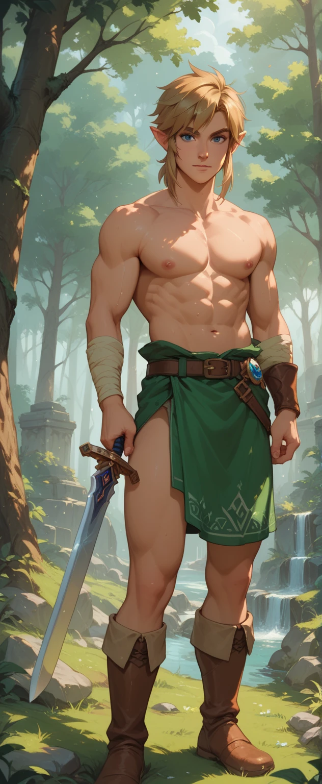 (best quality), masterpiece, ultra-detailed, guy,goatee facial hair, muscular physique,full body portrait,blonde hair,intense blue eyes,stream,forest,hairly chest,loincloth 
