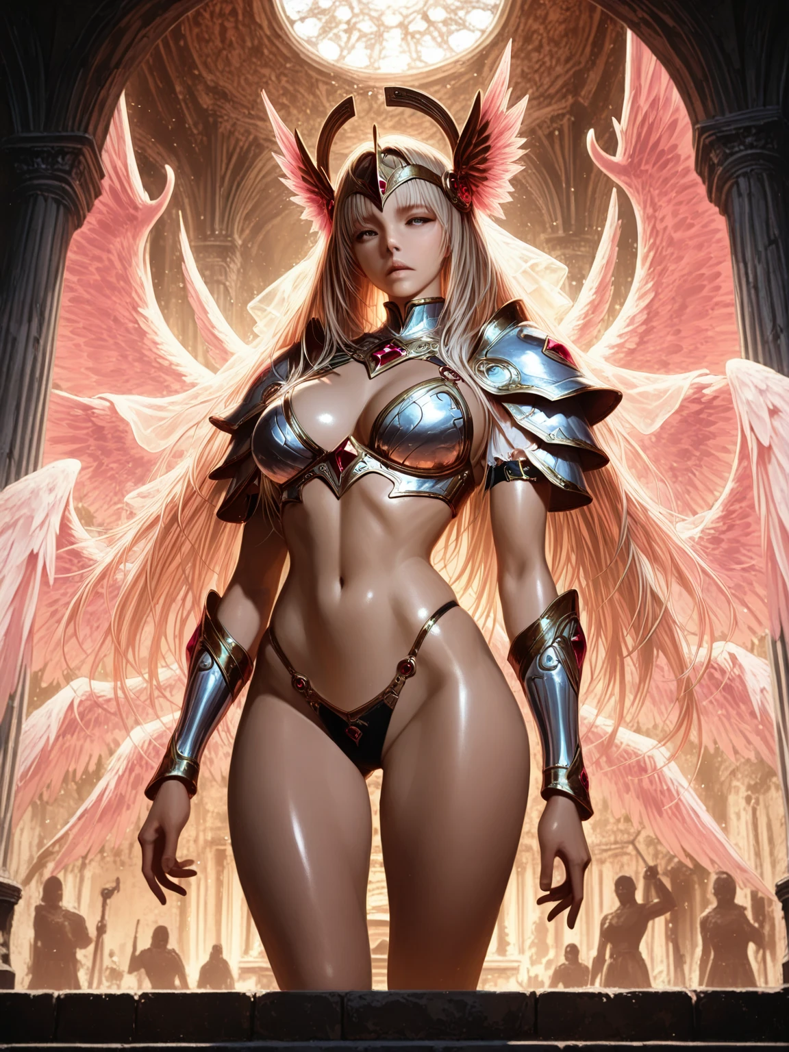 A young 15- yr old phoenix girl with lovely charming face, having phoenix skin tone pigmenting texture, (wearing nose ring), (body builder, athletic masculine size body),(having a lots of battle scar's), (phoenix skin texture masterpiece ), (tomboyish cyber punk hairstyles look), (( wearing phoenix helmet)), (serious, with exposed teeths showing large fangs)(perfect full body detailed anatomy), (Super accessories detailed), (fighting pose), (perfect detailed bright sparkling eyes),( short illuminating hair), ((expose big hard erect nipples))(( wearing illuminating transparent armored panty and bra, with pussy clitoris exposed ))((legs wide open showing pussy line))(( Wearing illuminating transparency lion costumes )), (( holding treasure war hammer )), ( crystalized cliff background), (( having bird wings and tails)), (( illuminating different lights covering the sorrounding atmosphere of battle fields)) on its back wearing dark cape detailed design, has a angry face, 7 different perspective view of that same girl & face profile sheet character style
