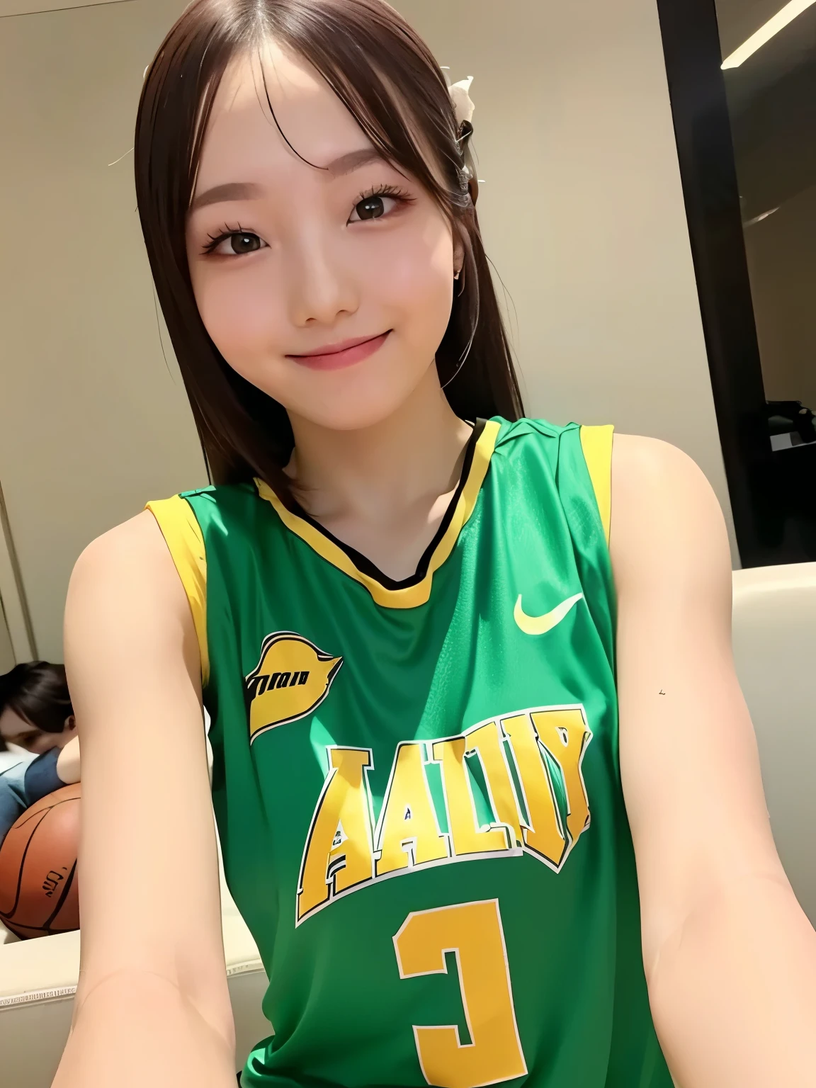 Mine Type Makeup。Saggy Eyes。Dark eye makeup that also makes her lashes grow。provocative, young expressive idiot smile, round, a Japanese dark-haired girl staring at the camera。color contact。showing off her lower body dark armpits, sweaty young body, and thick whip-like thighs, Huge Chest, And dirty armpits without clothes。basketball uniform。Highest Quality,8k,masterpiece,super high resolution,RAW shooting,Ultra Realistic Capture, Beautiful Meticulous Eyes 。