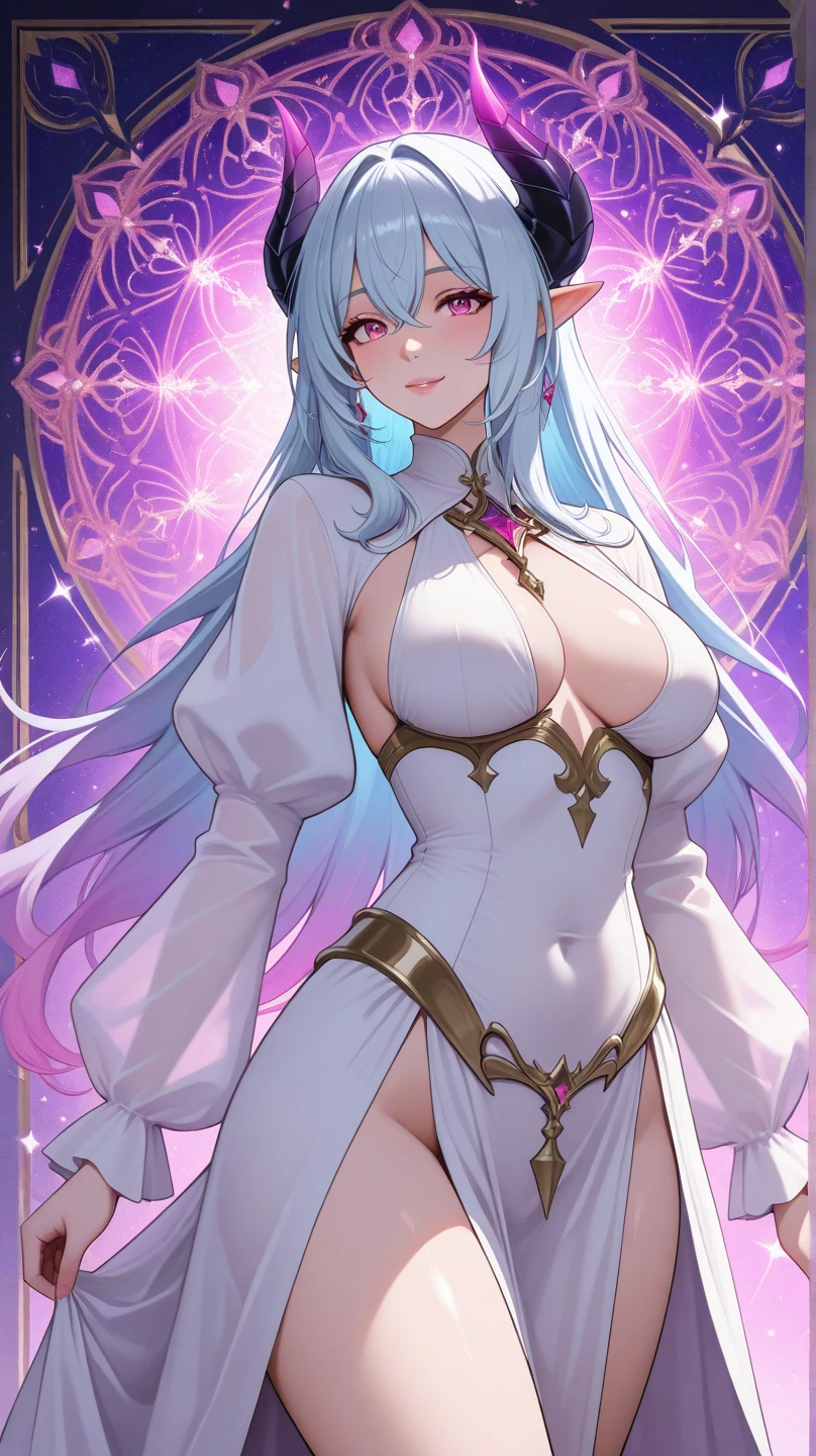 1girl, solo, floral background, (white pvc priest outfit:1.2), (light blue purple hair), (blue rose), flower, long hair, blue eyes, large breasts, church, indoors, bare shoulder, navel, solo, (shiny), white pvc collar, white pvc corset, white pvc elbow gloves, white pvc thigh boots, evil smile, grin, looking down, from below, (oily skin:1.3), (shiny hair:1.2), (shiny glossy skin:1.2),