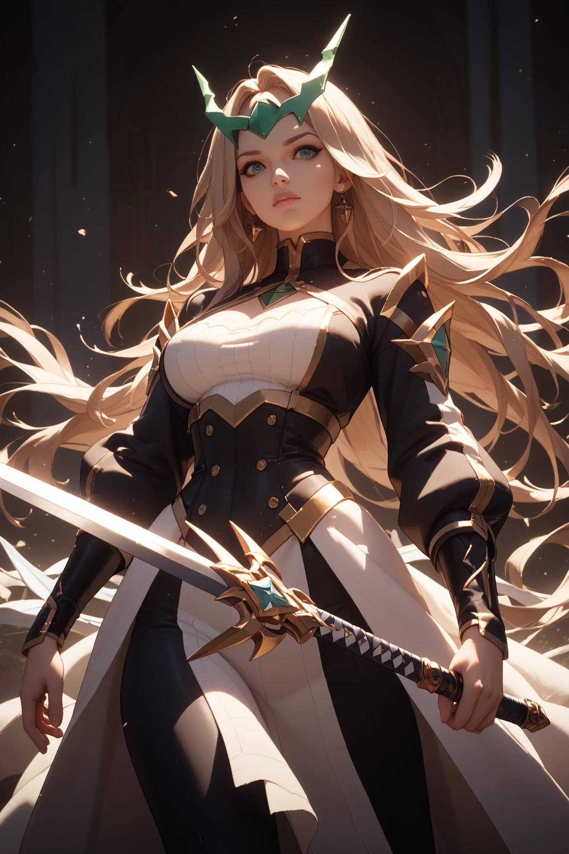 (Ultra extreme detailed),(Masterpiece),(Ultra extreme),(Realistic),CG,(color:1.2), Strong lighting,Light from behind,evaluation:Safety,A blonde person alone, 黒color,Blonde ponytail,Green Eyes,White shrite,short_白いcolorの鎧、Princess、Tights Knee Socks、Shoulder pads、breastplate、holding a sword hilt