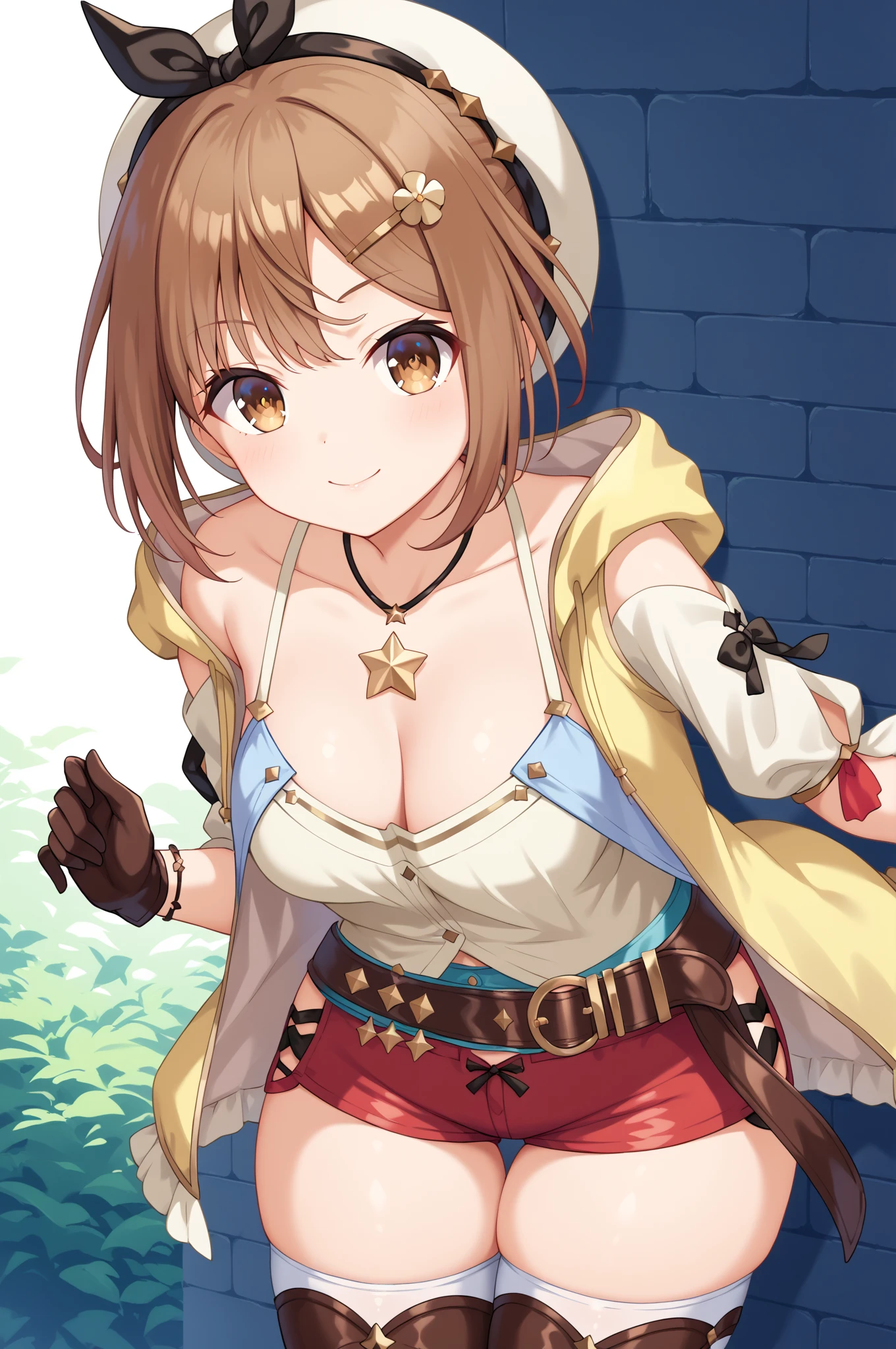 ultra-detailed,masterpiece,best quality,1girl,shiny eyes, ryza, short hair, hair ornament, thighs, hat, large breasts, white headwear, jewelry, shorts, thighhighs, short shorts, red shorts, necklace, cleavage, hairclip, braid, bare shoulders, gloves,close up,smile,outdoor, holding staff<lora:add_detail:1.3> <lora:ryza:0.7>