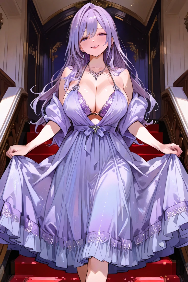 Masterpiece, highest quality, (highly detailed CG Unity 8k wallpaper) (highest quality), (best illustration), (best shadow) anime girl, bedroom, blushing face, huge breasts, white skin, elegant silver gown that shows almost all her body, high heels, Violet long hair, ultra detailed --v6