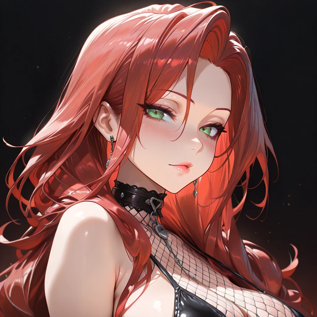 1girl, red hair, jewelry, long hair, solo, earrings, mole under mouth, hair ornament, dress, black dress, gloves, necklace, elbow gloves, looking at viewer, purple eyes, arms up, armpits, red lips, smile, black background, plant, upper body,parted lips,red lips,milf,huge breasts, parted lips,(shiny skin),(mature female:1.2),cabernet,<lora:cabernet-v1.5-naivae-6ep-resize:0.7>