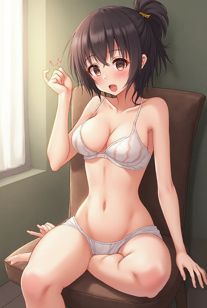 Solo, masutepiece, Hires,High resolution, Best Quality,Yukito style, 1girl in,Large breasts, maturefemale,(White lingerie:1.1), sitting on a bed, Spread legs, white thighhig, naughty expression, Smirk, See-through, Transparent, Dark hair, Yellow eyes, dark skinned female, Dark skin, masturbation, Female masturbation, object insertion, (vaginal:1.2), (vaginal object insertion:1.2), frontal masturbation