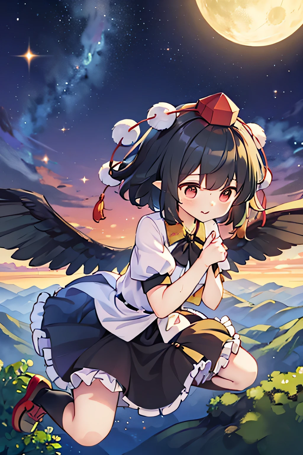 Aya Shameimaru(touhou) Karasutengu　　　　　　　　Dusk　past your field of vision
The beast is　holding its breath

Tonight　for my toddler's arm fist
What is the whereabouts of the dream that shakes　without leaving anything

The wind blows　dredged the ground, dragged Nobe to his mountain
If there is a laughing gate, double return
With wings that bear disaster on their black backs and confuse with the darkness
Crows beat the heavens

Yūkage　magic
Take the night in the middle of the night　vermilion vermilion　Pathetic　targets were shot even now
The doll that falls down　floats in the air

The wind snatches the child and hugs the rock to his hill
Unnoticed　hide in the mountains tonight too
Oh, I chose the wrong path　Itoshi　Light々and
Whose name is it that you will lose your name

Yes　What is a wipe sleeve　wet feathers
The more you look up, the farther away the flash
Ako won't return

The wind　Innocent Visions Till This Village
That is nostalgic mountain kagura
left behind, no shape　the girl's happiness
Play over black, shameimaru aya