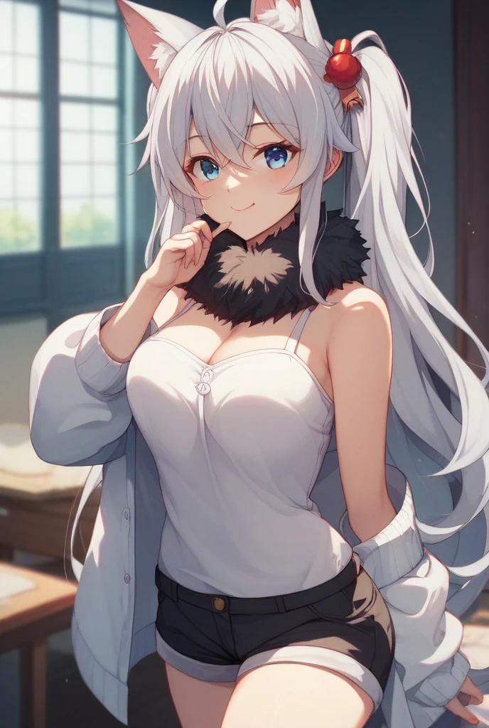 white hair, long hair, Cat ear, blue eyes:1.5), (Medium Breast:1.2),
rest miniskirt, skirt, White shirt, Setofuku,Low-cut,Cleavage,With eyes closed,
rest looking at viewer,
rest indoors, bathhouse,
rest (masterpiece:1.2), best quality, high resolution, Unity 8k Wallpaper, (illustration:0.8), (Beautiful and delicate eyes:1.6), Extremely detailed face, Perfect lighting, Extremely detailed CG, (Perfect hands, Perfect anatomical structure),