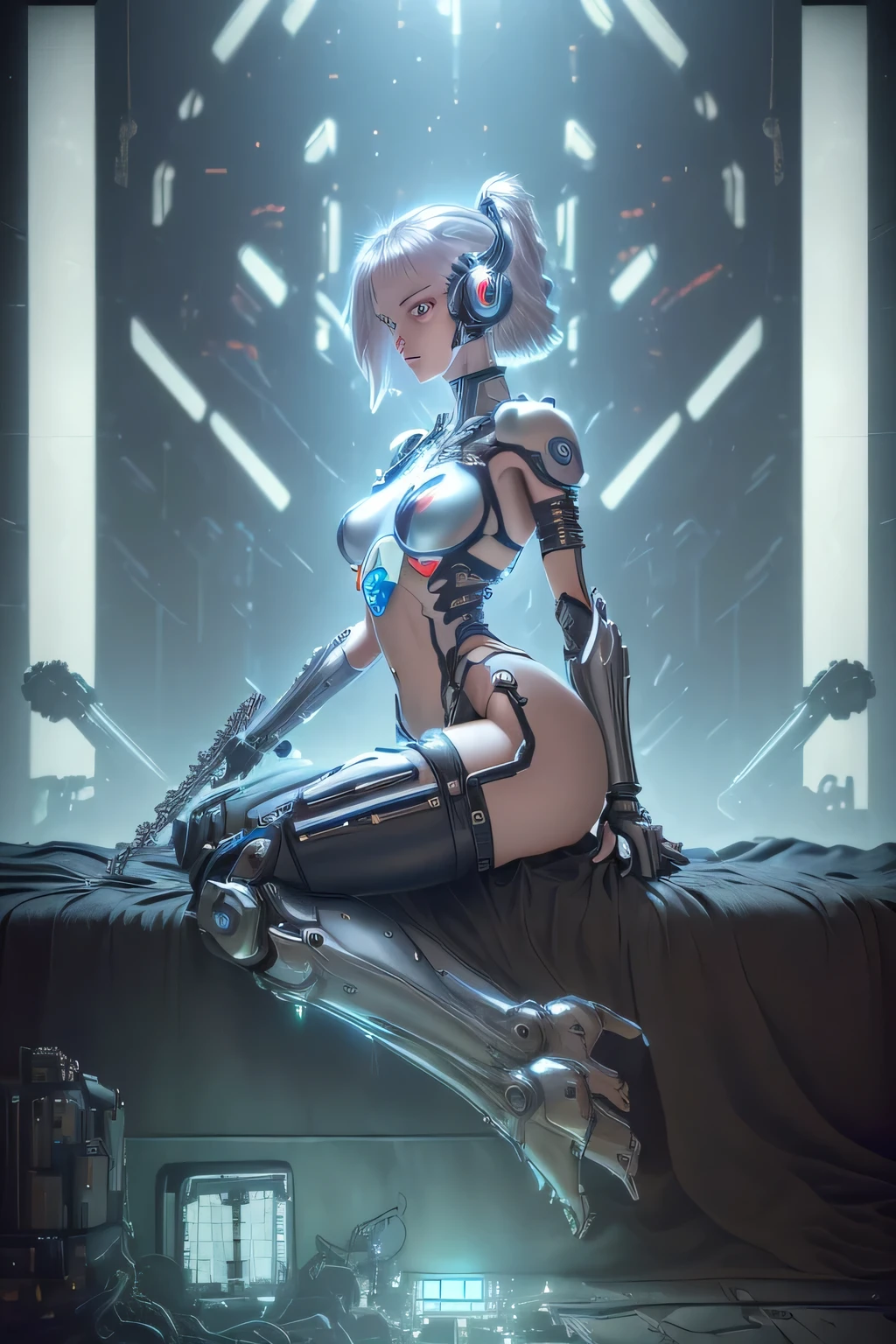 cyborg, girl, cute, sexy, strong, slender, bikini, high leg, silver, paint on face and body