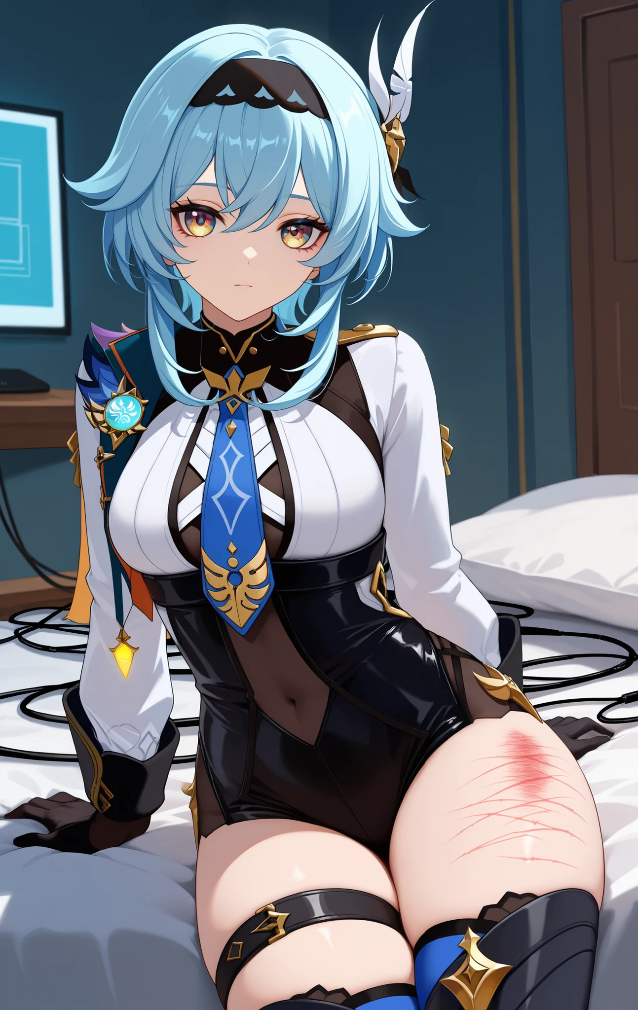 score_9,score_8_above,score_7_above BREAK EulaSDXL,a Woman, hair ornament, thighhighs, Gloves, long sleeves, blue hair, yellow eyes, headband, tie, black Gloves, medium hair, cable, Leotardo, marks on the skin, thigh strap, black headband, Leotardo negro, blue tie, multicolored eyes, (Genshin Impact),cowboy shot, room, room background, Sitting,