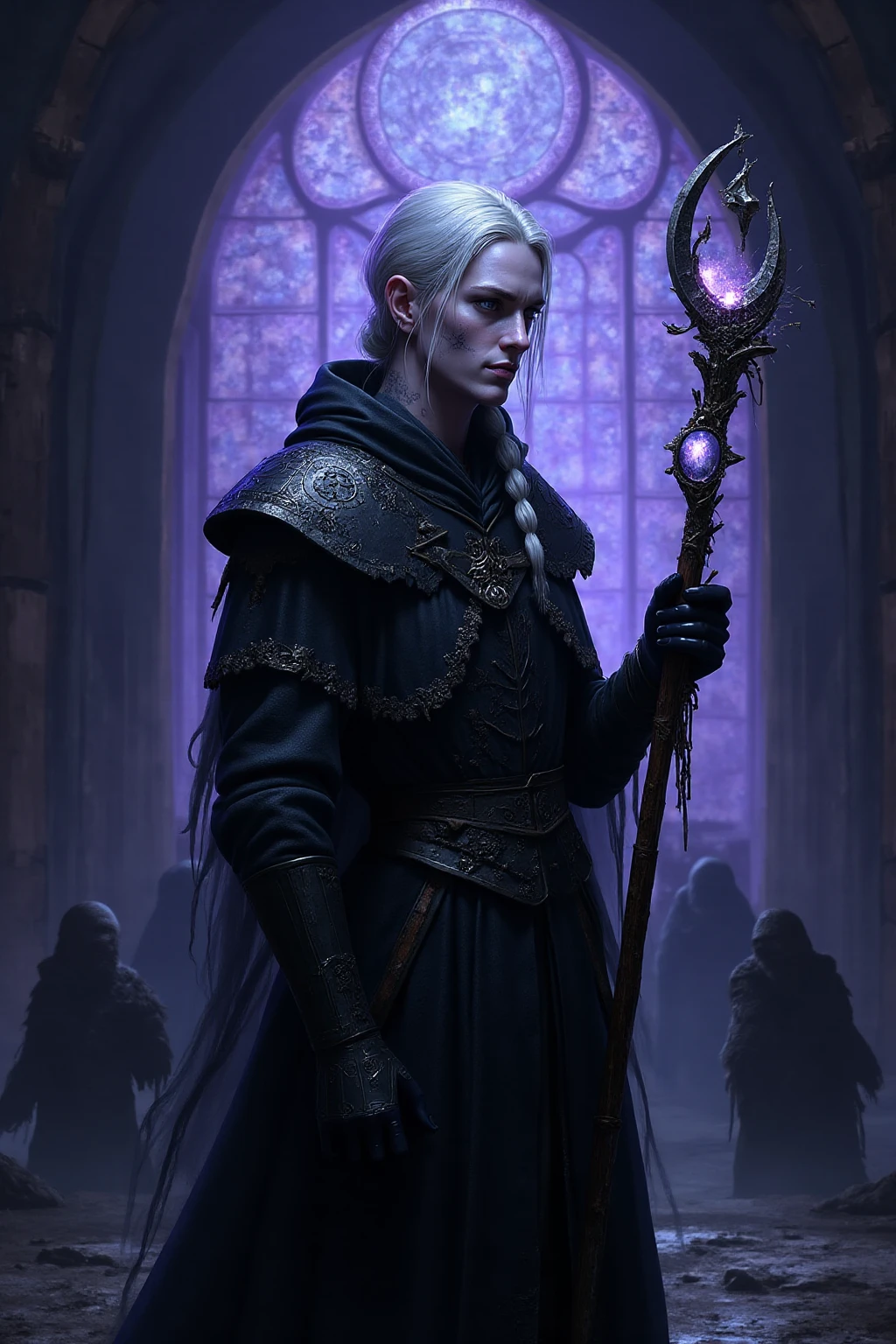 A highly detailed semi-realistic portrait of a drow lunar cleric turned apostate, standing in a ruined moonlit temple with shattered stained glass casting eerie purple-blue light. He has pale lavender skin, a ritual scar in the shape of a waning moon across his left cheek, and silver-white hair tied in a loose braid. His black plate armor is tarnished with oxidated silver engravings of forgotten constellations, and his tattered cloak bears embroidered stars that faintly glow. He grips a broken staff embedded with a cracked moonstone, emitting a dying light, while shadowy figures lurk in the background, watching. His expression is haunted yet defiant, with one hand resting on the altar as if pushing himself up. The scene evokes melancholic despair and lost faith, with a color palette of deep purples, cold silvers, and moonlit blues. Style inspired by *Dark Souls* and Berserk, ultra-detailed textures, cinematic lighting, 8K resolution.