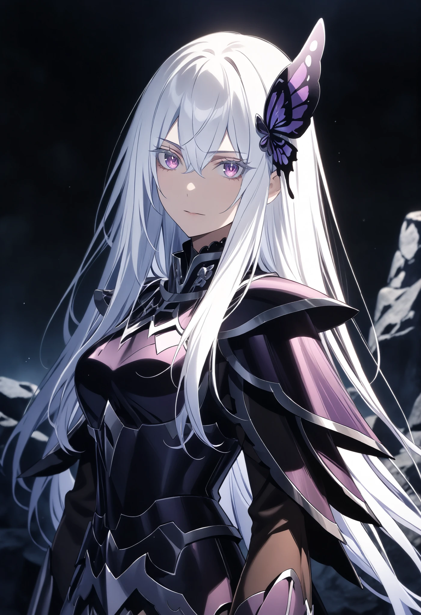 (high-quality, breathtaking),(expressive eyes, perfect face) Symmetrical Eyes, 1girl, female, solo, looking at viewer, black background, soft eerie blue lighting background, rock terrain background, Dark Purple Armor, trim, full plate armor, half body shot, solo, black armor, Specter, Dark Knights, echidna, white hair, white eyelashes, brown eyes, long hair, hair ornament, butterfly in hair