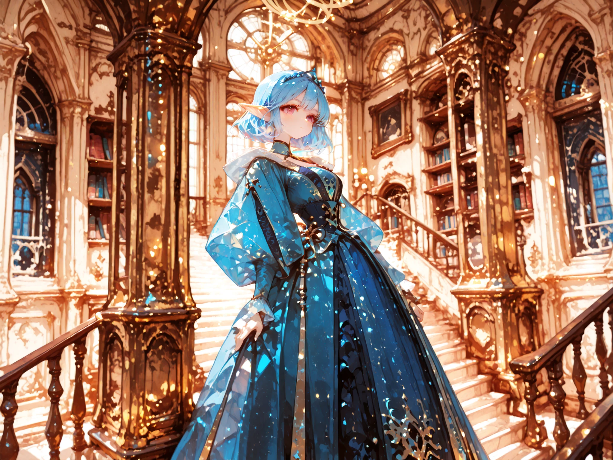 Excellent Quality, Superb work, Perfect Description, Noble Elf Female, sapphire blue dress, tiara, Old castle Library, High ceiling, Spiral Stairs, Numerous bookshelves, golden lights, antique furniture, A magnificent atmosphere, Warm colors, classic interior, waist shot.