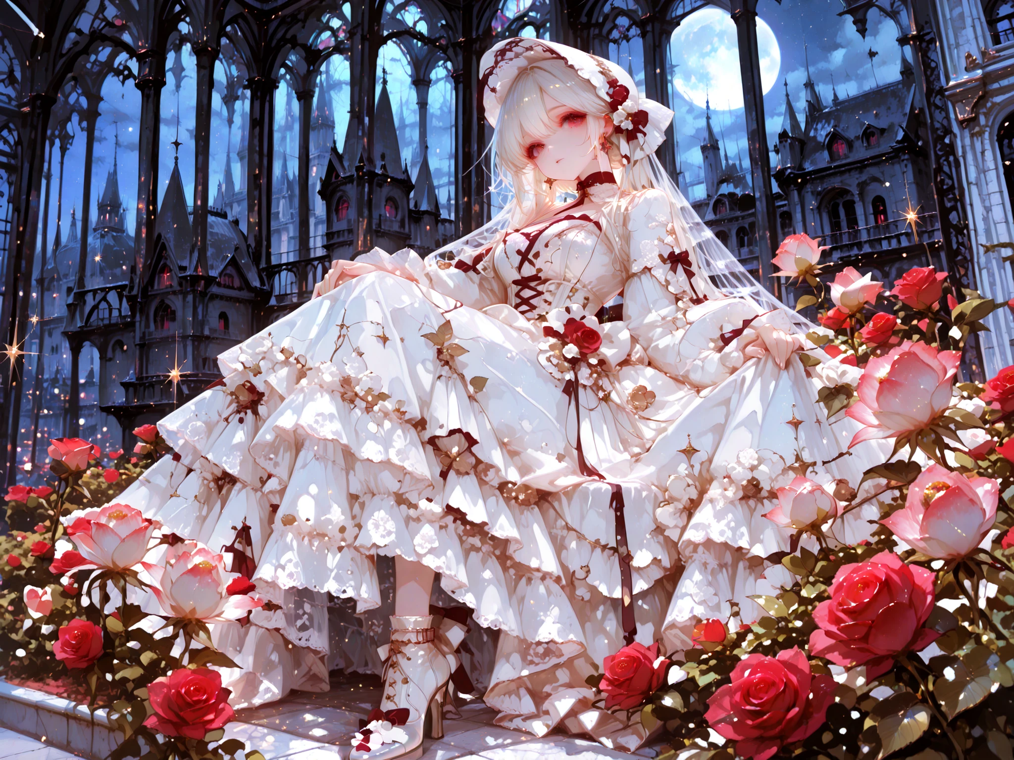 super resolution, Perfect Details, RAW photos, Elegant woman, pearlescent white dress, The lace decoration , Gothic castle balcony, full moon in the city, rose garden, ornate architecture, night view, fantastic atmosphere, Sparkling Stars, soft moonlight, Romantic mood