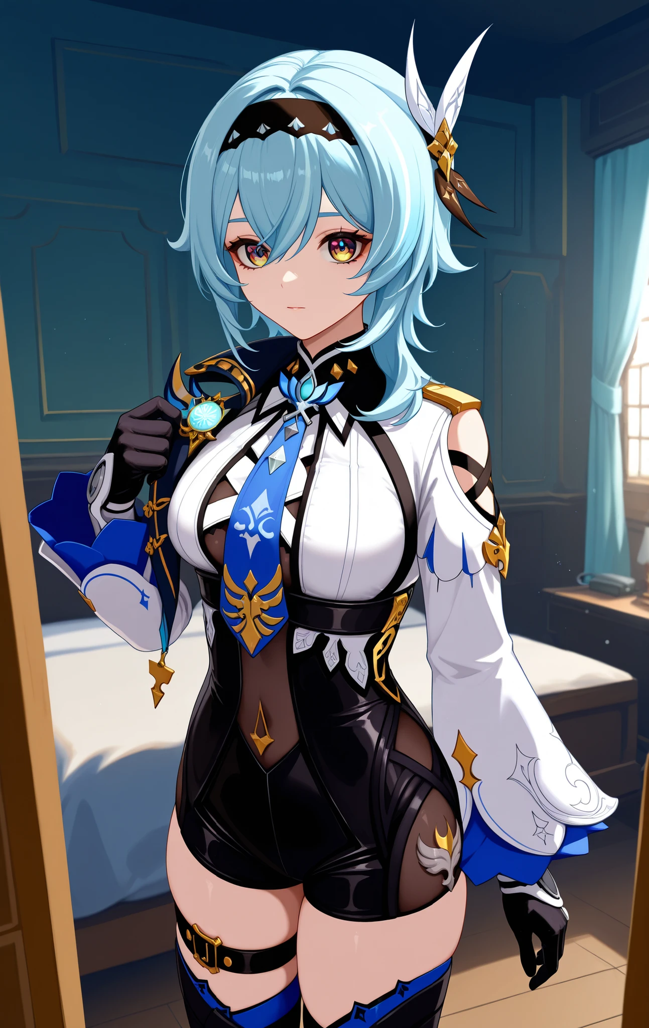 score_9,score_8_above,score_7_above BREAK EulaSDXL,a Woman, hair ornament, thighhighs, Gloves, long sleeves, blue hair, yellow eyes, headband, tie, black Gloves, medium hair, cable, Leotardo, thigh strap, black headband, Leotardo negro, blue tie, multicolored eyes, (Genshin Impact),cowboy shot, room, room background, standing, room elegante