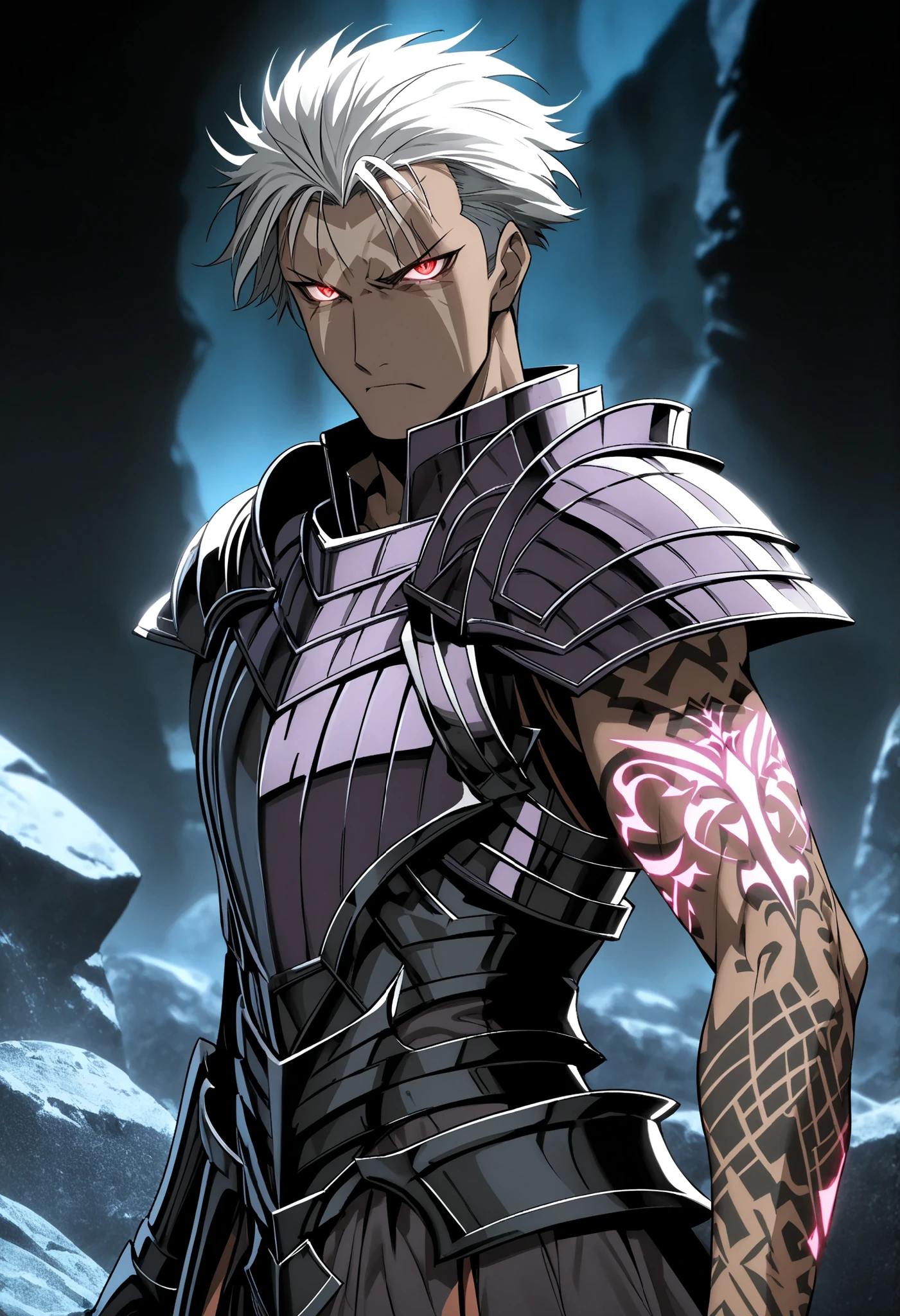 (high-quality, breathtaking),(expressive eyes, perfect face) Symmetrical Eyes, 1boy, male, solo, looking at viewer, black background, soft eerie blue lighting background, rock terrain background, Dark Purple Armor, trim, full plate armor, half body shot, solo, black armor, Specter, Dark Knights, FMAscar, white hair , short hair , undercut , scar on face , large X-shaped scar stretches across forehead , thin eyebrows , red eyes , masuline, manly, tattoo on right arm , glow tattoo, perfect composition