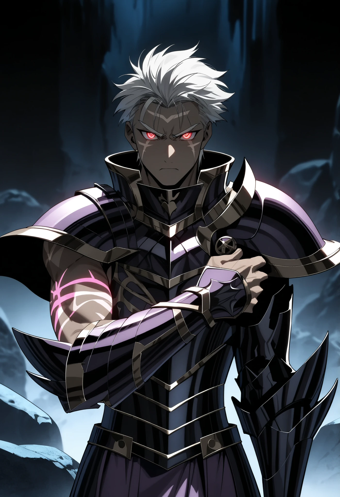 (high-quality, breathtaking),(expressive eyes, perfect face) Symmetrical Eyes, 1boy, male, solo, looking at viewer, black background, soft eerie blue lighting background, rock terrain background, Dark Purple Armor, trim, full plate armor, half body shot, solo, black armor, Specter, Dark Knights, FMAscar, white hair , short hair , undercut , scar on face , large X-shaped scar stretches across forehead , thin eyebrows , red eyes , masuline, manly, tattoo on right arm , glow tattoo, perfect composition