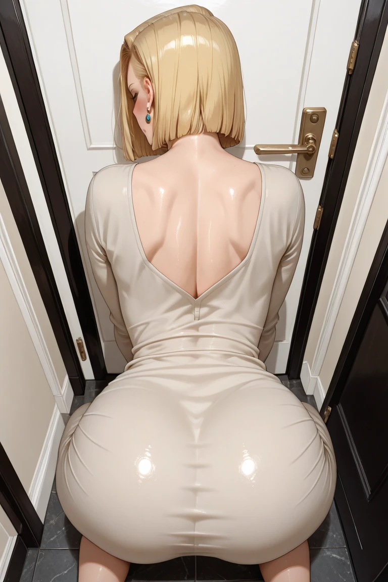 (( best quality )), ((Masterpiece)), (  Details), android 18, blonde  hair,  short hair, dongtan dress , Clothes that fit the body , looking at viewer, 1girl, solo, hot sexy woman with huge  and thighs , Belly fold , Fat body, entrance, Wearing earrings, extreme high angle, squat, Put your hand on the front door, Doggy style,  face down, ass up, all fours, back view, Embarrassed