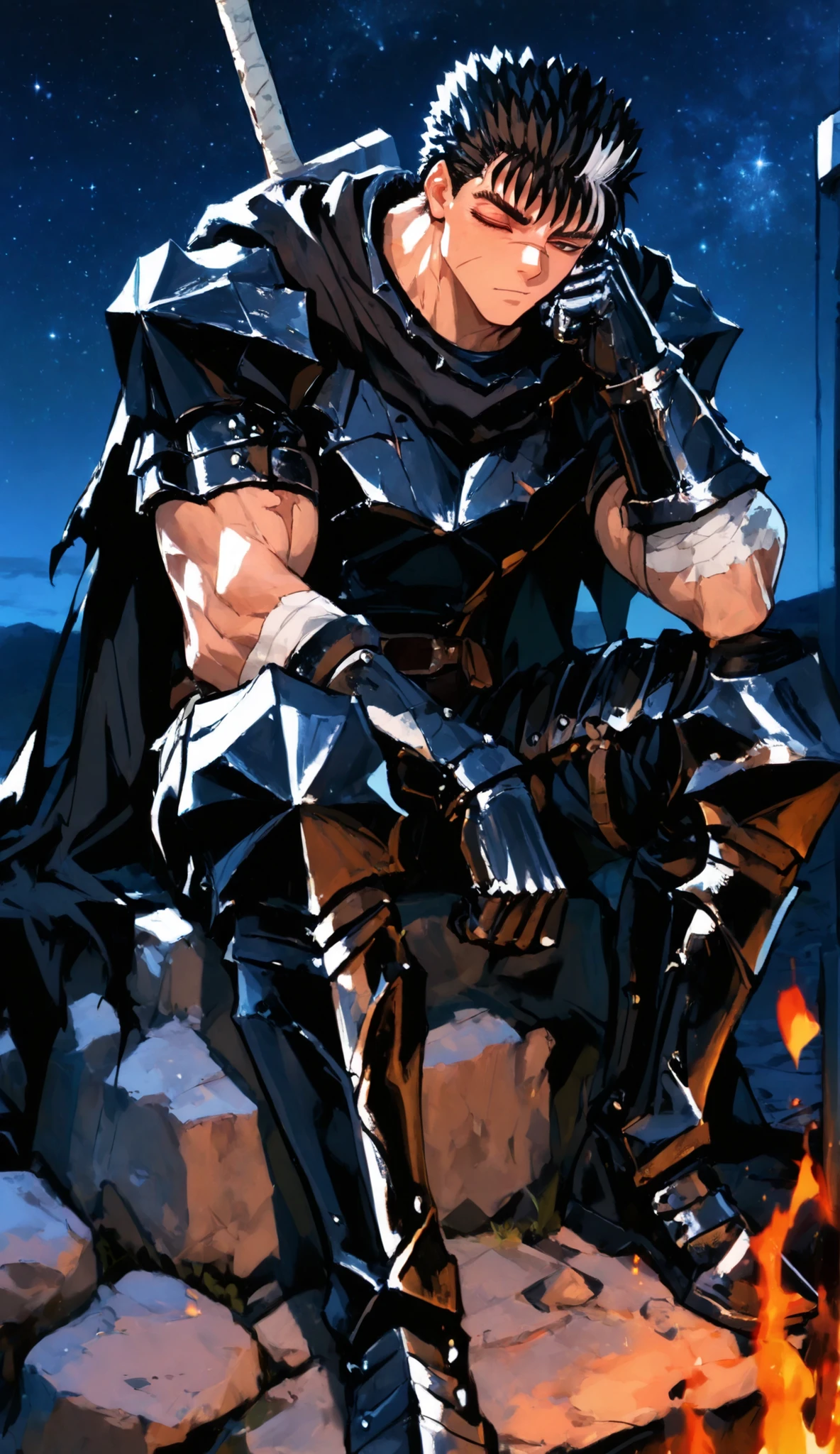 Guts_Armor, brown eyes, short hair, multicolored hair, spiked hair, black armor, shoulder armor, gauntlets, greaves, bandaged arm, black cape, torn cape, scar on nose, one eye closed, muscular male,748cmstyle,guts, sitting on a rock with a fire in front of him, fire with meat being roasted, he is holding his long dragon slayersword in front of him, admiring it, night sky, starry sky, traços artisticos, perfeição na arte,