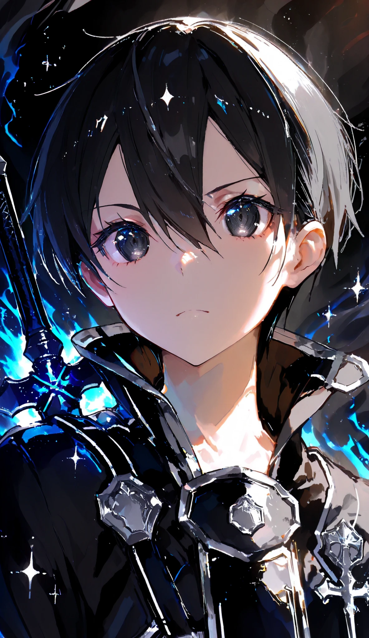 solo,bangs,eye focus,face,close-up,sparkle,looking at viewer,glowing,eyelashes,kazuto_kirigaya, kirito, black hair, black eyes, short hair, hair between eyes, he is drawing his black sword from his back, black robes with cape, full body, aura, in the rpg game scenario, isekai