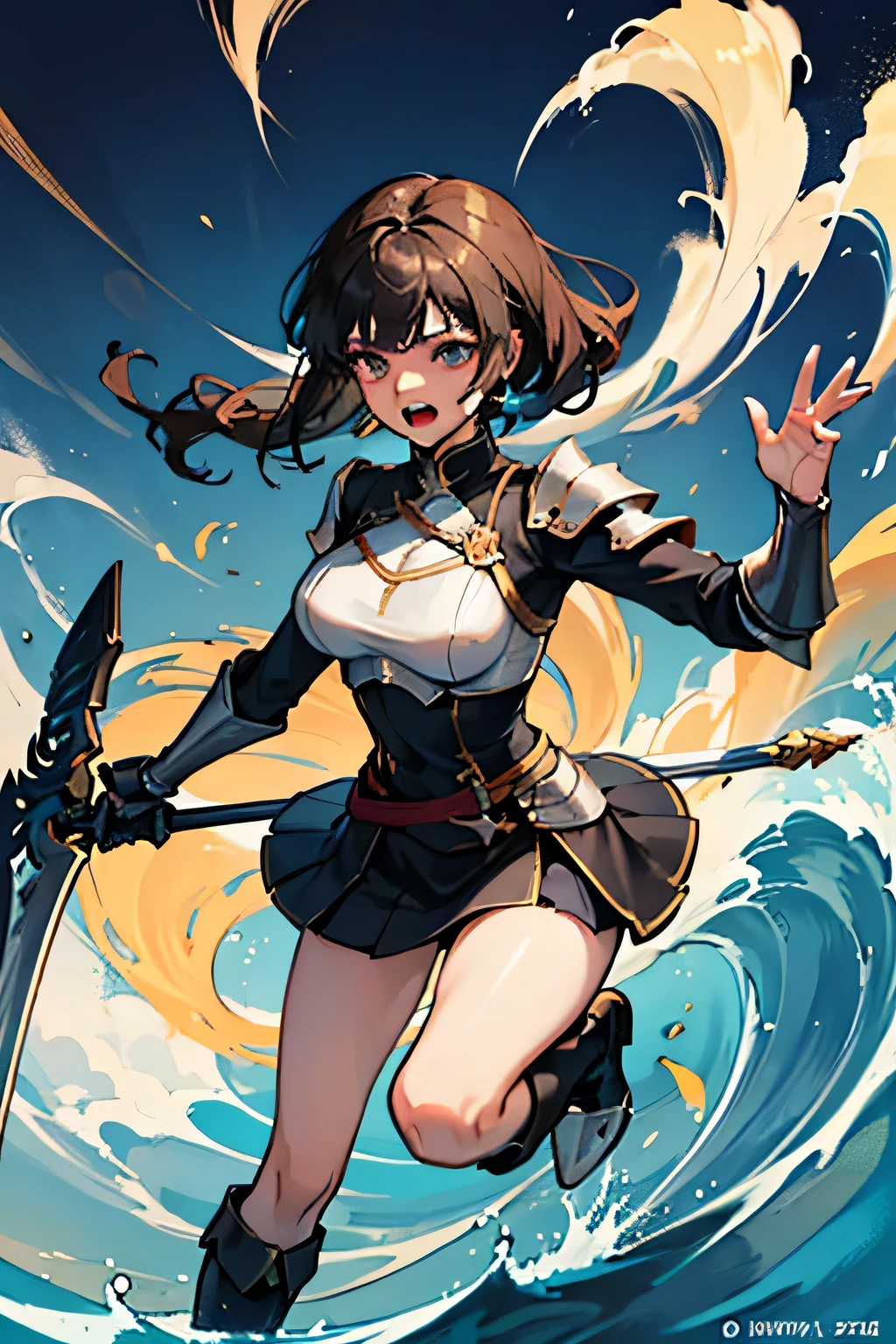 Female Knight Looking Down from a Hill,Can you draw a female knight pulling out a holy sword,alone, Sunny,Wave the Holy Sword、,Long Black Hair,Night Armor Arrangement Costume,Long Boots to Protect Legs,Armor Armor,miniskirt costume that makes you look underneath,Female Knight Screaming for Victory,