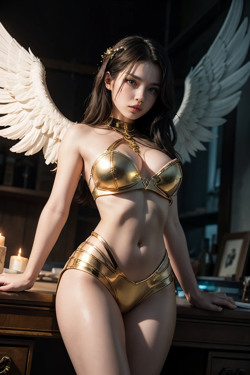 trending on artstation, a beautiful woman, edgVS, hands on hips, elbow gloves, necklace, navel, wearing edgVS lingerie, wings, <lora:edgVictoriaAngels:0.85>, large breasts,