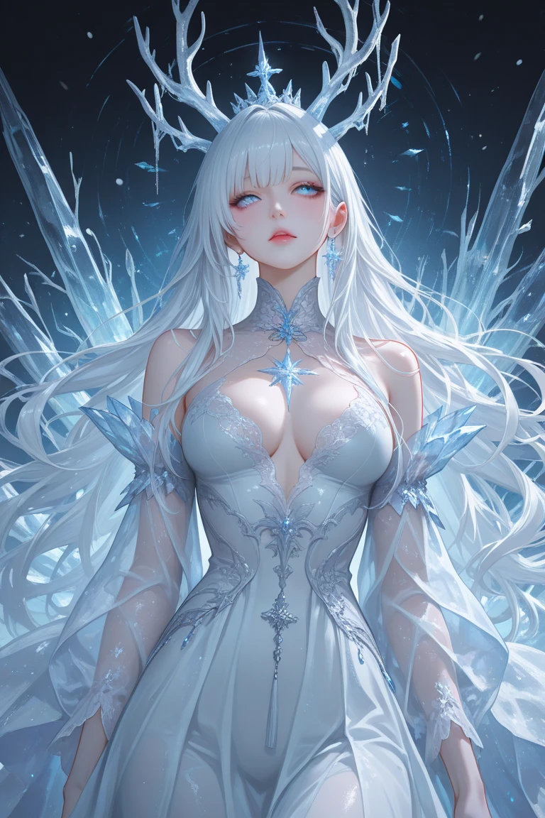 (Masterpiece) 8K resolution, Snow Queen, Beauty with Ice Blossoms, , Silver Straight Long Hair, Hazel Eyes, Ash Gray Eyes, Kind Smile, Fantasy Style,