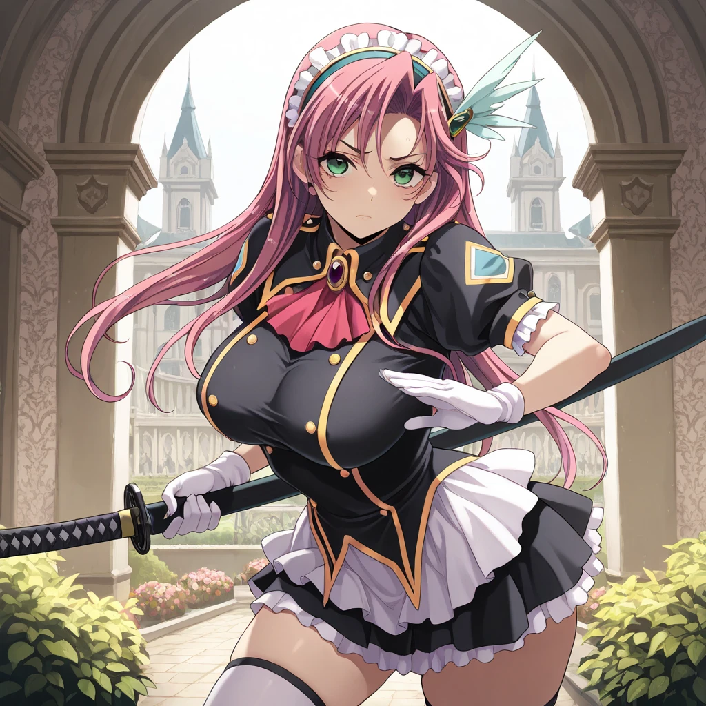 <lora:leone_eiyuu_v1_resize_fro096:1> leone_olis, purple hair, purple eyes, 1girl, solo, twintails, hair ribbon, collared shirt, shoulder cutout, detached sleeves, cleavage cutout, neck ribbon, green skirt, red cape, epaulettes