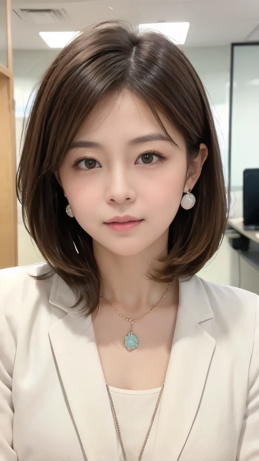 Neat Young Woman、looking at the camera、office lady suit、necklace、Ear piercings、Bob Hairstyle、brown hair、、The background is a dim room、face close-up、