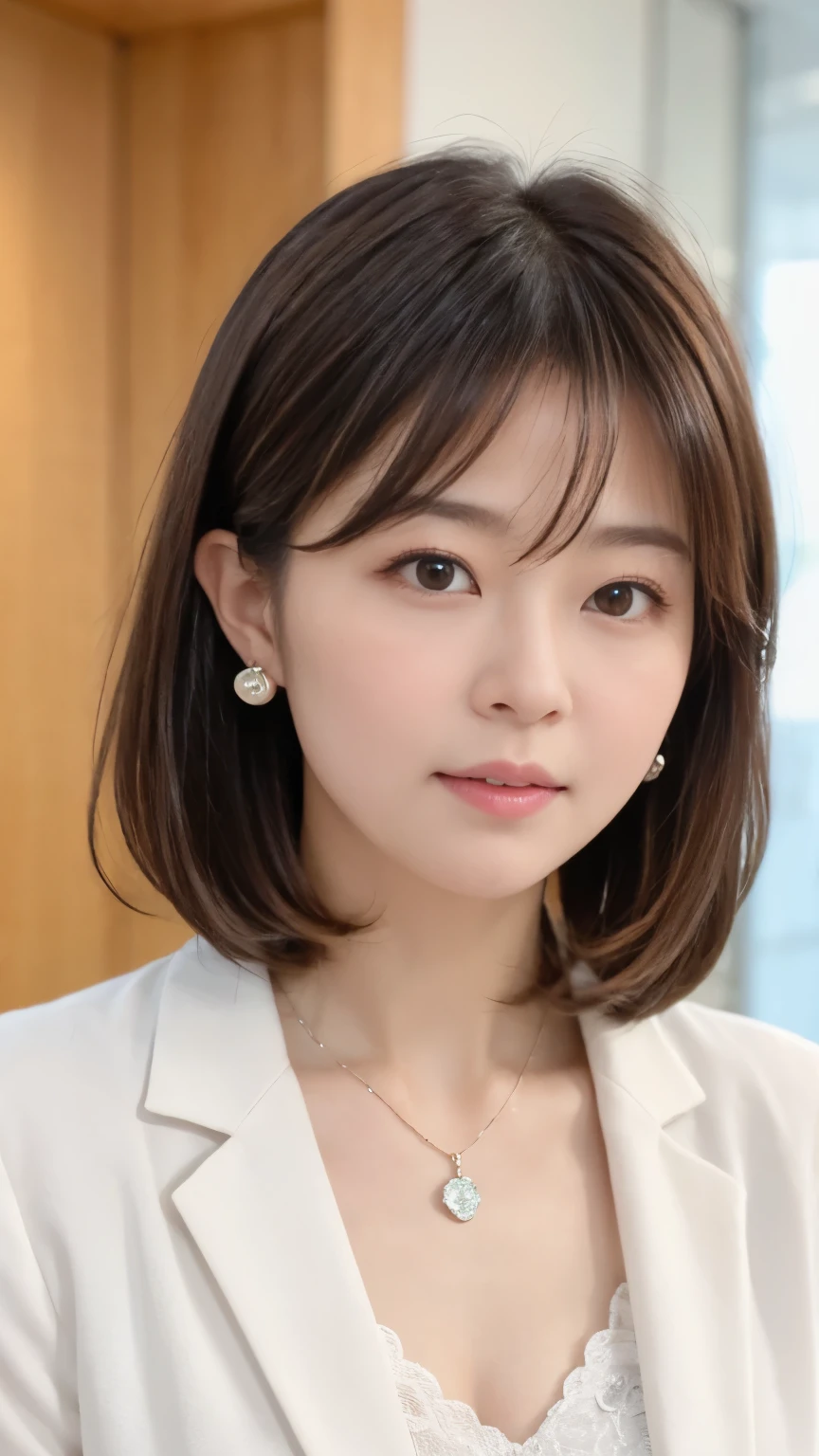 Neat Young Woman、looking at the camera、office lady suit、necklace、Ear piercings、Bob Hairstyle、brown hair、、The background is a dim room、face close-up、