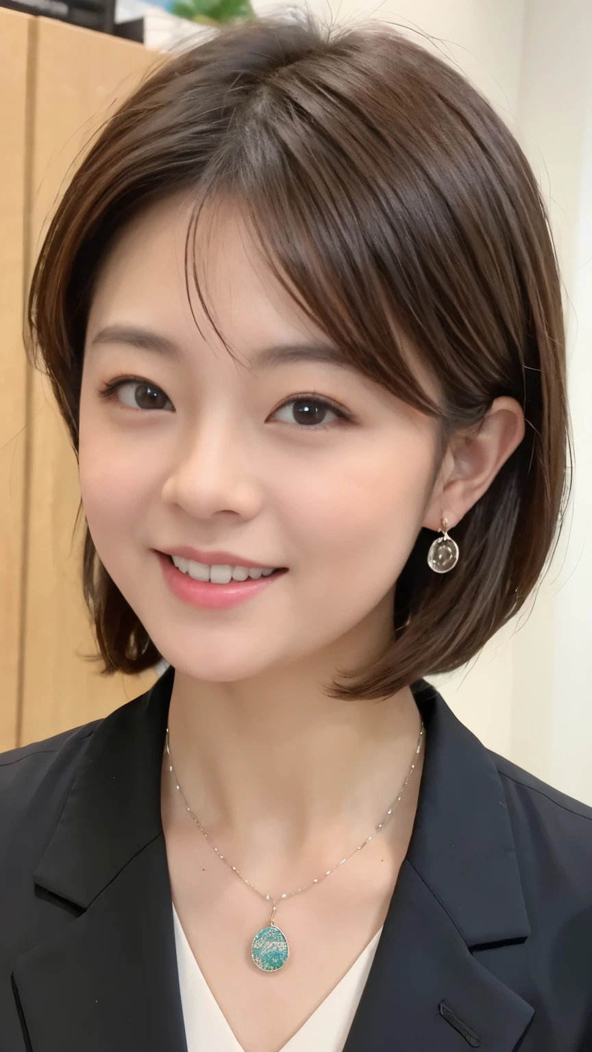Neat Young Woman、looking at the camera、office lady suit、necklace、Ear piercings、Bob Hairstyle、brown hair、Smile Yan、、The background is a dim room、face close-up、