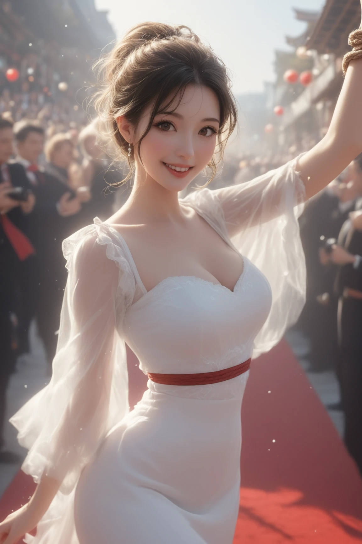 masterpiece, best quality, (perfect face:1.3), realistic, intricate, beautiful scenery, sharp focus, cinematic lighting, moonlight, amusement park, (crowd:1.4), fireworks, (detailed background:1.3), 1woman, bule eyes, light smile,Japanese clothes,huge breasts,look at viewer,