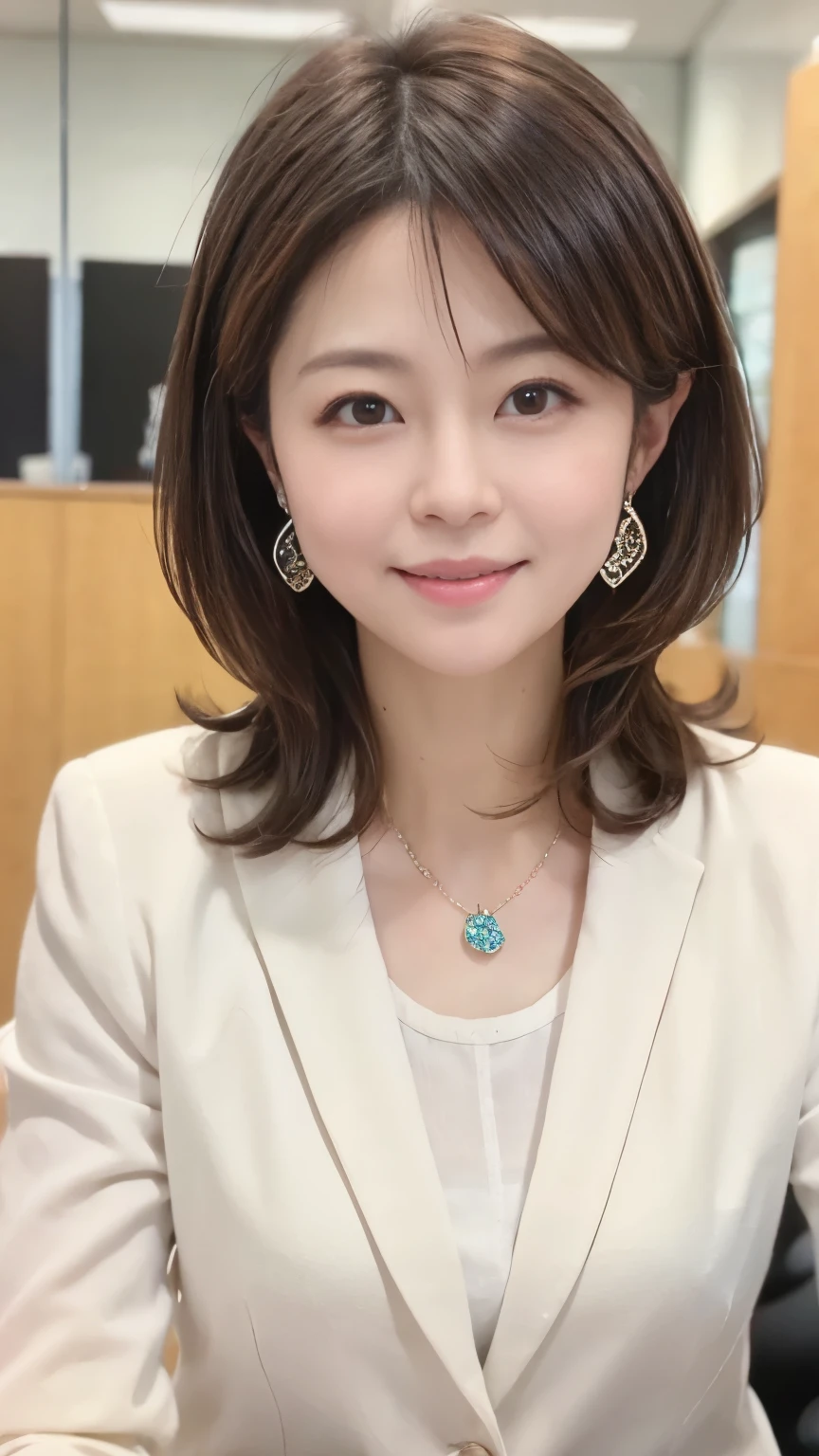 Neat Young Woman、looking at the camera、office lady suit、necklace、Ear piercings、Bob Hairstyle、brown hair、Smile Yan、The background is a dim room、face close-up、