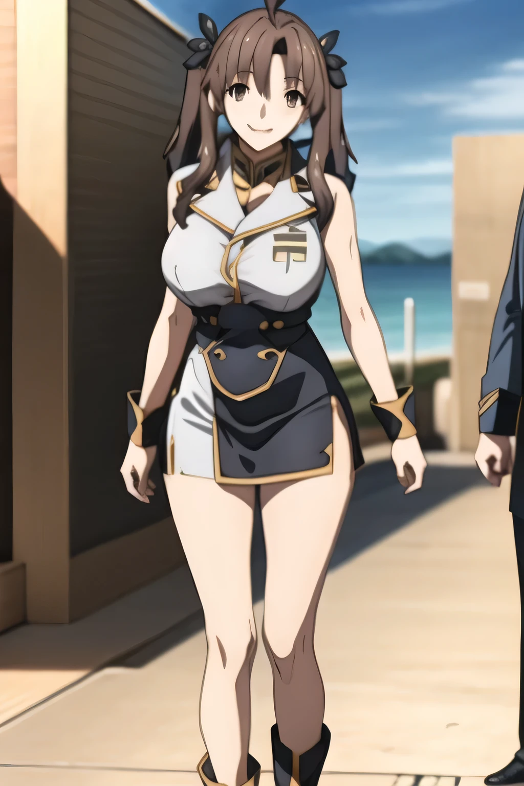 dark-haired woman with twin tails ,Smiling Yang,Dressed in military uniform、Draw a slim woman with a sleeveless and big bust,青と白の女性向けに、 with big breasts、軽量のDressed in military uniformスリムな女性を描いてください {X},、Miniskirt,wear thigh-high stockings on both legs,boots,,Long Black Hair,Smiling Yangのヤン,A woman gazing at the ocean,、Don't trim to the top of your face,Yang's smiling human hands and feet,big breasts but thin waist,amazing thighs ,Beautiful legs,,Anime CG, Sunny,Blue Sky,Smiling Yangのヤンの爆乳軍事ユニフォーム美人, ,seen from below,Miniskirtから水色パンティが透けてはっきり見える,amazing thighs ,Beautiful legsと with big breasts美しい女性,