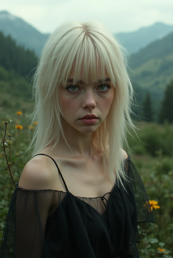 A close up portrait of a young woman with long blond hair with bangs ...