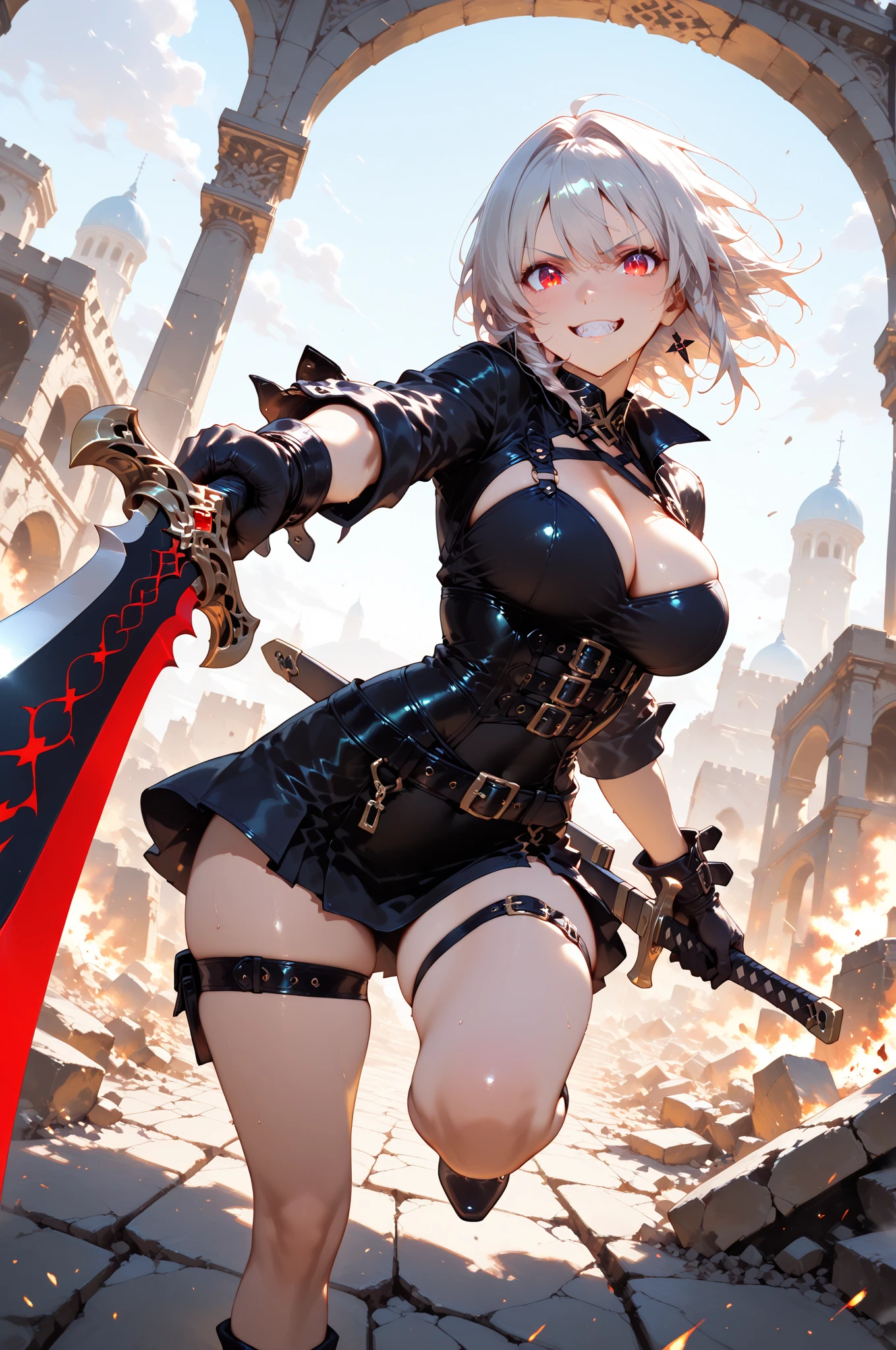 Masterpiece, The best quality, High Resolutions, absurdities, 8k, 4k, Official Art,, , (flat_color:0.9),voluptuous, front view, thick thighs, Wide hips, warm light, night atmosphere, robusta, front body, light lipstick, SMILE, abdomen, (muscle:1.2), Thick thigh, Wide hips, thick lips, faded hair, massive thighs, focused eyes, huge woman, long hair, Red eyes, look ahead, muscle girl, short hair, mechanical armor, great armor, mechanical armor, mechanical suit, Full armor,