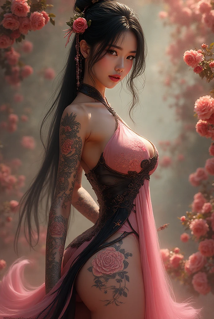 ((professional 3d render)), ((Realistic)), (((Japanese))) female, three-dimensional art objects, cute seduction, (((big blue eyes, thin pink lips, thin nose, long black wet hair))), open mouth while smile, emphasizing slender abs, Detailed eyes, passionate body, ponytail hair style, / shoulders exposed, breasts exposed (chest tip exposed), (((crotch exposed))), (((pink nipple exposed))), (((female genitalia exposed))), exposed, plump camel toe exposed, pubic hair exposed, plump wet drip lips, very sweaty body, vibrator toy, / decorated arm sleeve, wear arm cyberpunk sleeve, wear tight Fishnet Stockings, strappy sandals/ extremely detailed,((fractal art)), colorful, highest detailed,((zentangle)), (dynamic pose), ((many colors)), pose frog-sit on the throne, location Japanese outdoor garden with riverside and rock or temple or bridge, Shinjuku, ((((illustration 3D tattoo abstract mandala full cover pop-up body paint covering genitalia abs breast cleavage symmetrical mandala tattoo)))