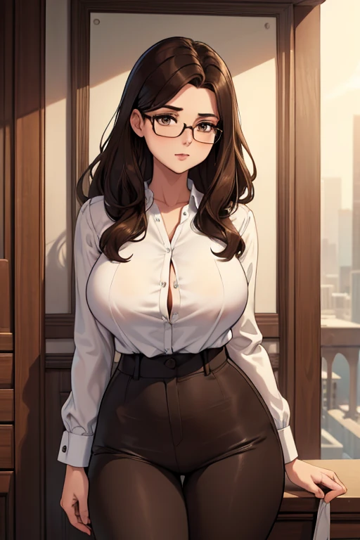 absurdres, high res, ultrasharp, 8K, masterpiece, 1girl, long hair, , no bangs, dark brown hair, curvy huge breasts, glasses, secretary outfit, big tits buttoned-up braless blouse, formal look, tight pants, braless blouse, front and back views