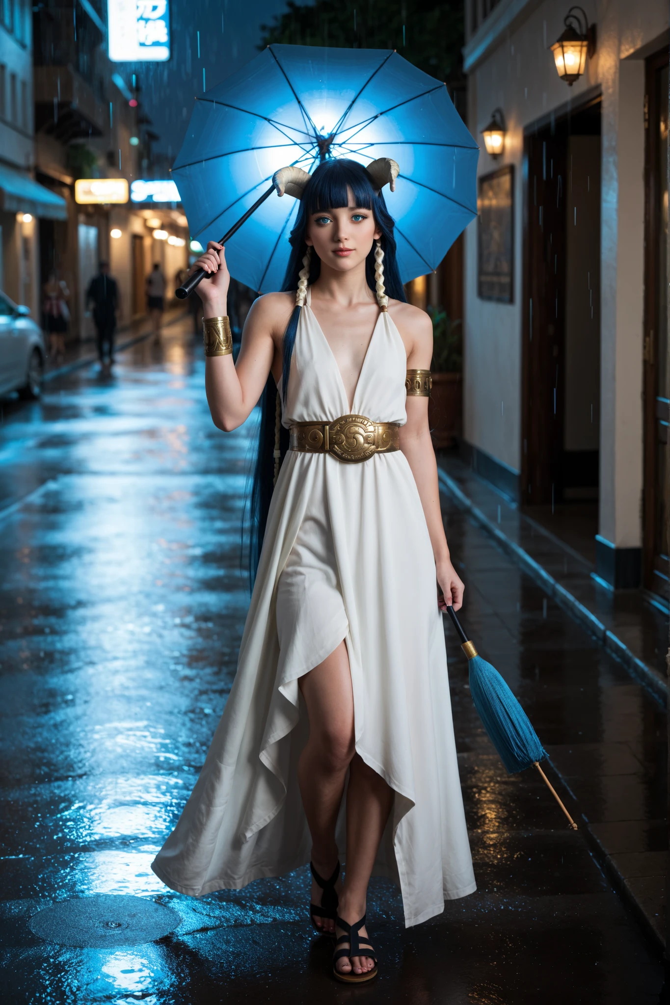 1girl, Saphir Maasa, blunt bangs, very long hair, blue hair, blue eyes, hair tubes, horns,ancient Greek clothes, small breasts, sleeveless dress, white dress, armlet, belt, sandals, holding the handle of an umbrella, open umbrella, raining on a city street at night, natural lighting, in full view in a highly detailed photorealistic style