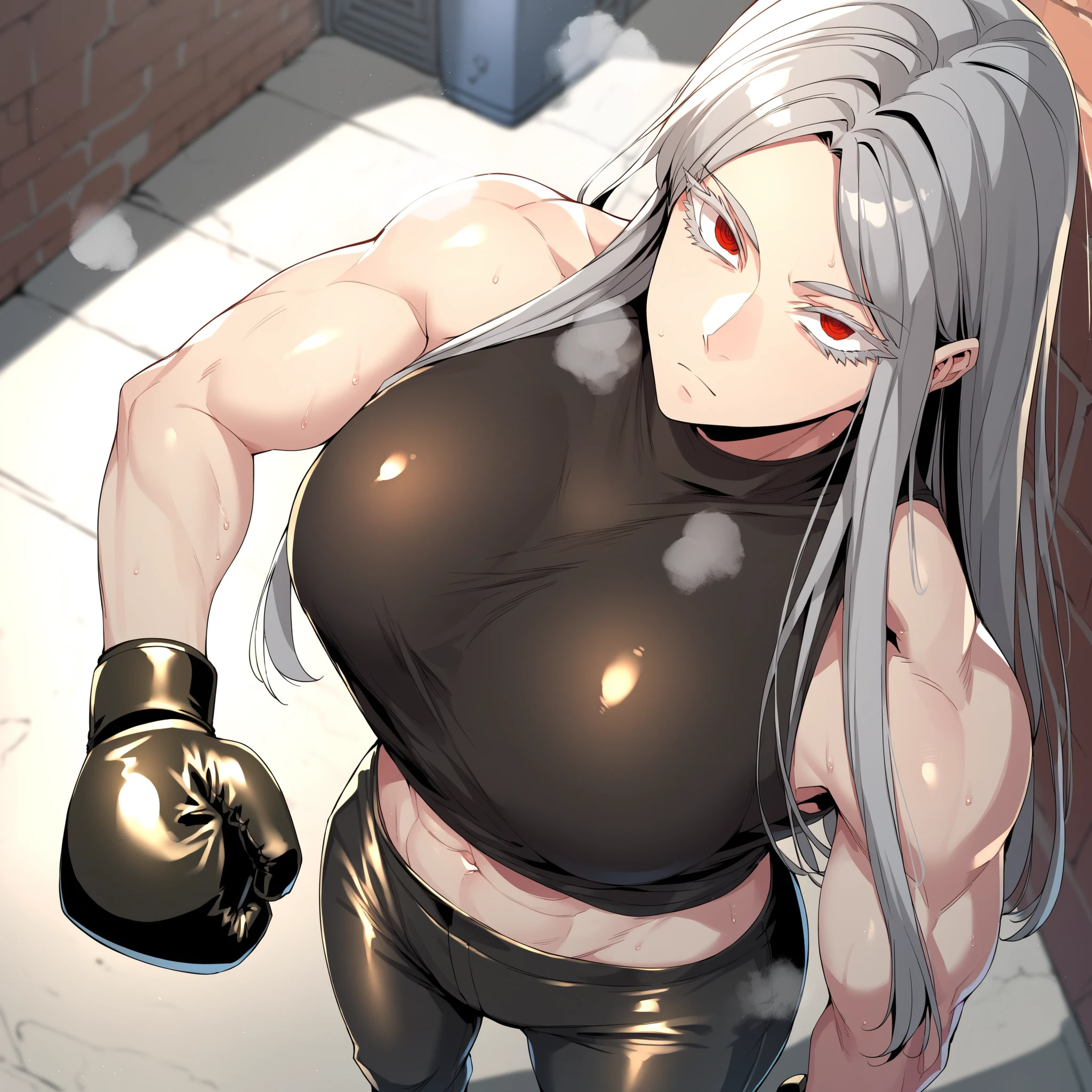 score_9, score_8_up, score_7_up, score_6_up, source_anime, rating_explicit, 1girl, solo,  long hair, red eyes, grey hair, white hair, ringed eyes, sidelock, colored eyelashes, sleeveless black shirt, black pants,boxing gloves, abs, muscle, expressionless, Narrow shoulders, heavy breathing, steaming body, alley, outdoors, looking at viewer, standing, close-up, from above,