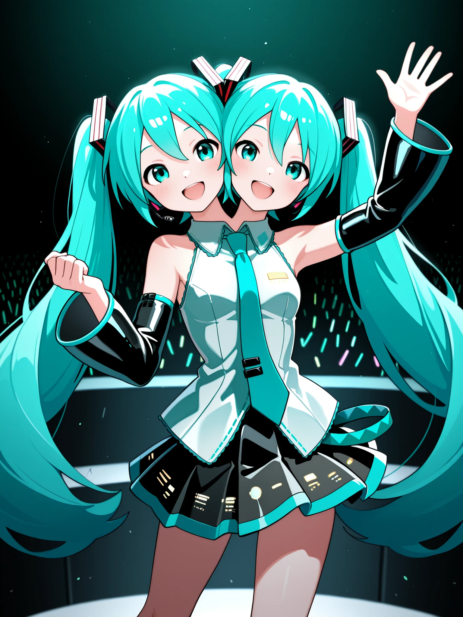 conjoined, anime girl with two heads, hatsune miku, aqua hair, twin tails, long hair, aqua eyes, open mouth, smile, happy, singing, dancing, white sleeveless shirt, aqua necktie, black skirt, detached sleeves, concert stage