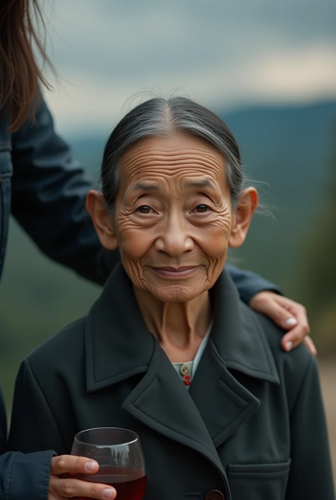 Hijab, Mak Milah is 72 years old, very skinny and  in the middle of the city of Kuala Lumpur , (bokeh)
