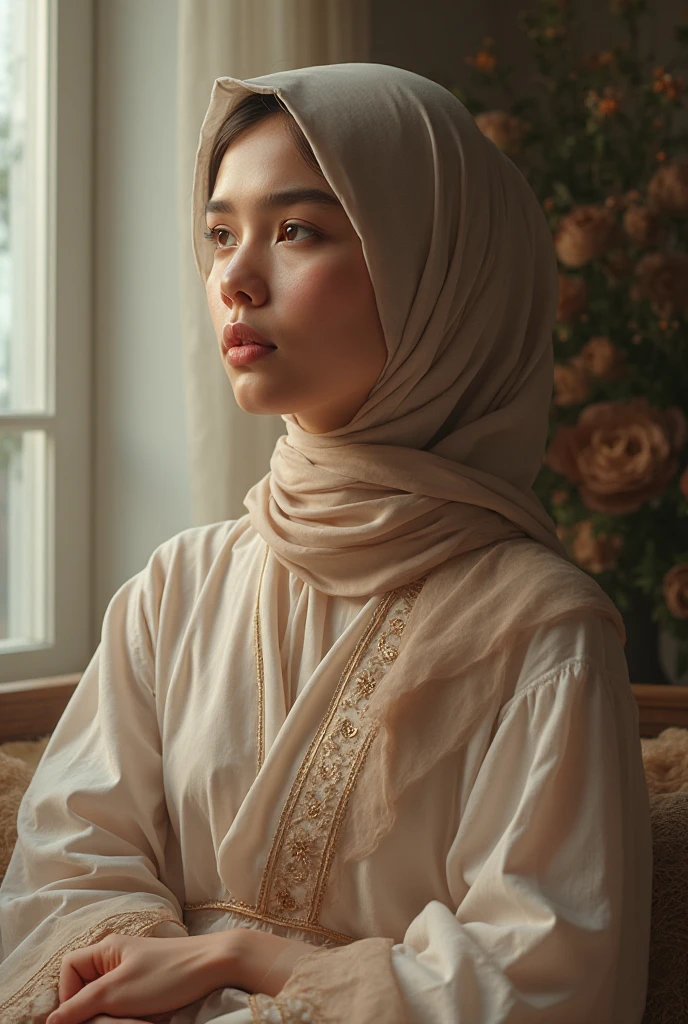20 years old indonensian gir wear hijab, look at the viewer, realistic photograpy, sit on sofa in the decorative indoor studio, cinematic, hyper realistic, super detail, HD 8K.